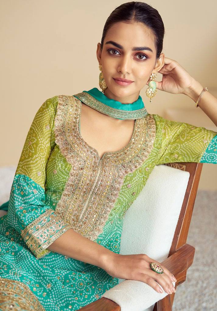 Multi Colour Stylish Embroidered Chinon Top & Plazo Set with Dupatta