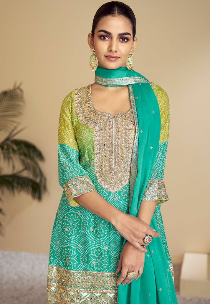 Multi Colour Stylish Embroidered Chinon Top & Plazo Set with Dupatta