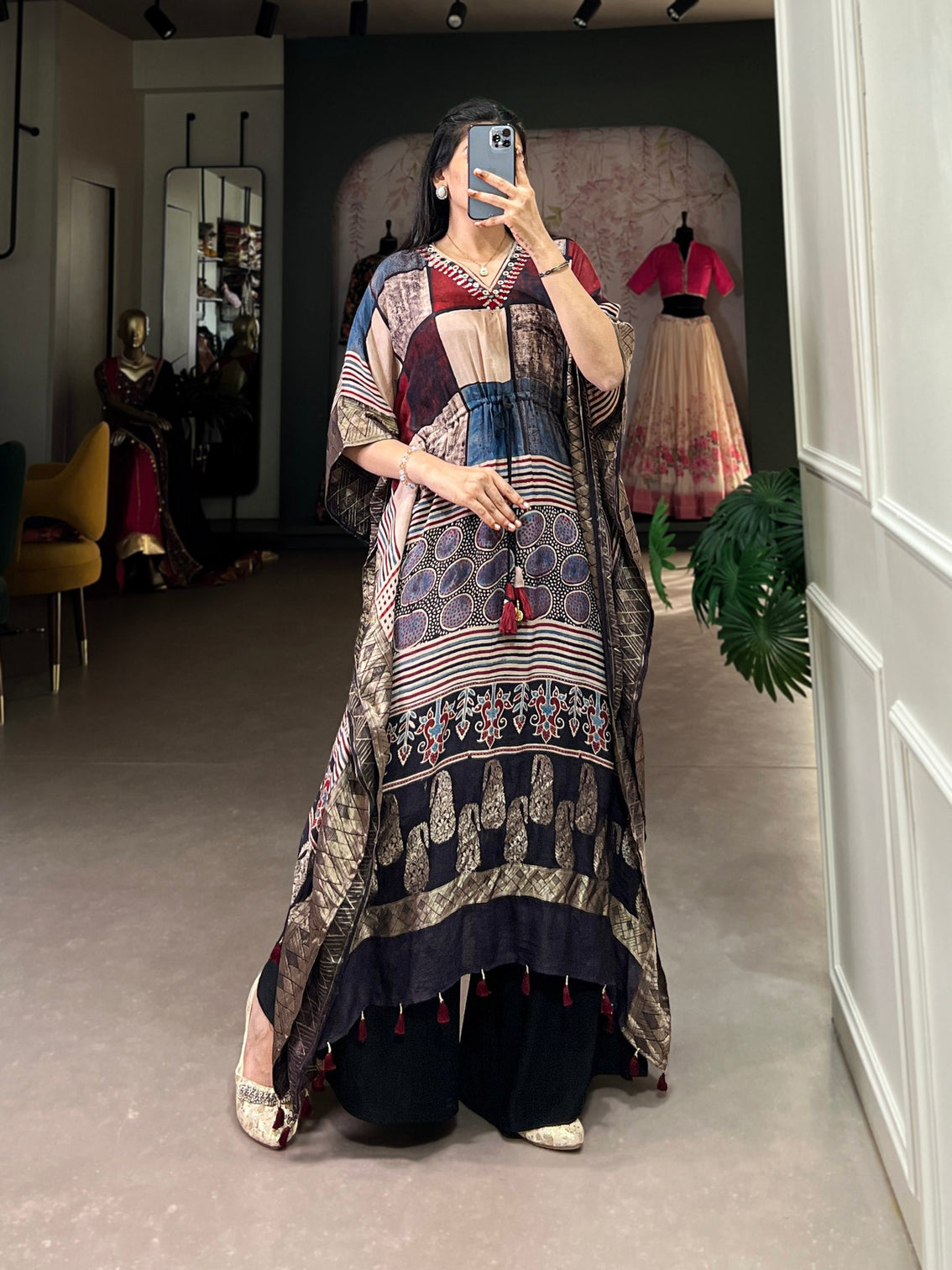 Multi Elegant Pure Viscose Handwork Kaftan with Zari Border