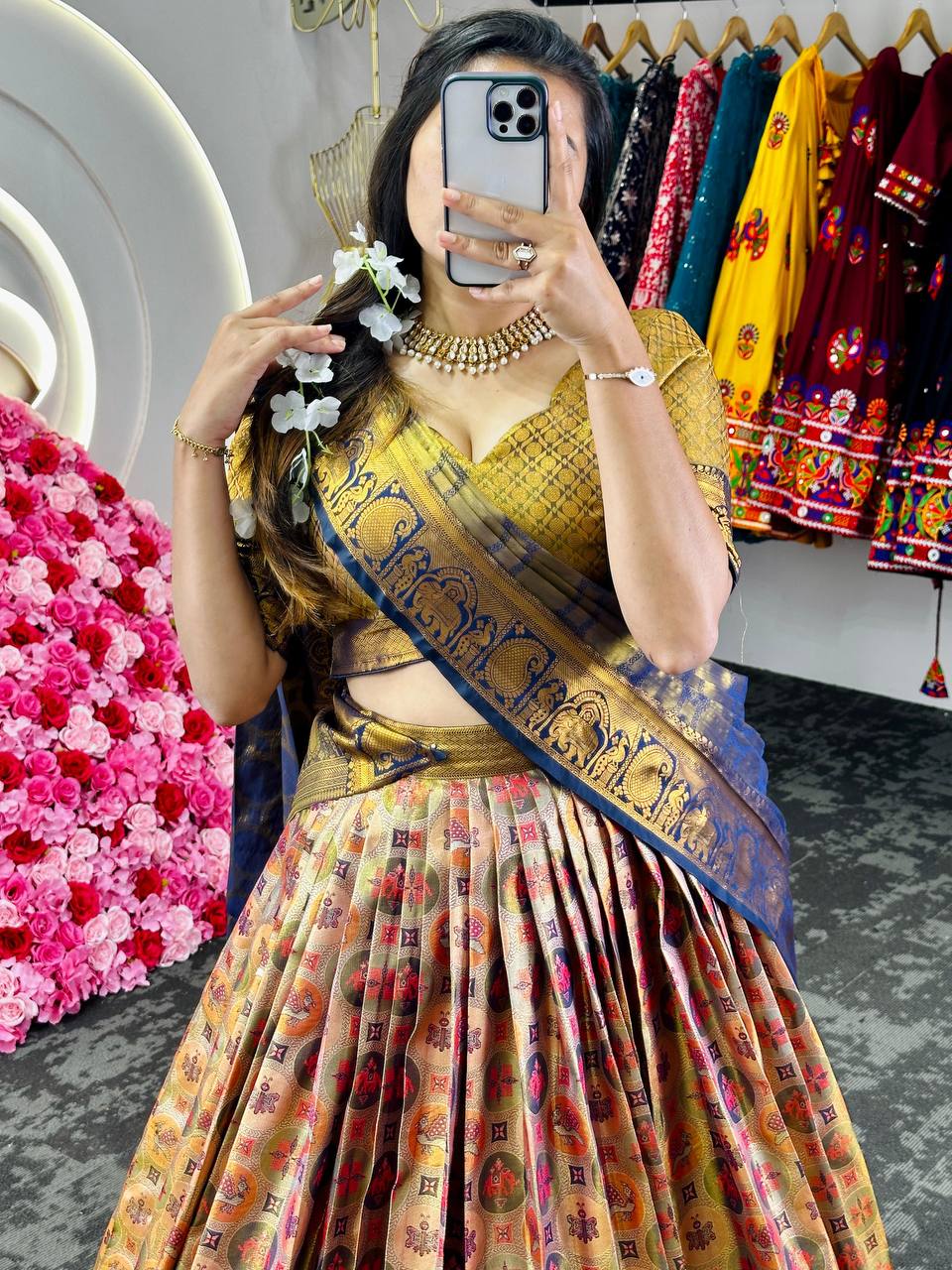 Multi Regal Banarasi Zari Silk Semi-Stitched Lehenga Choli Set with Dupatta