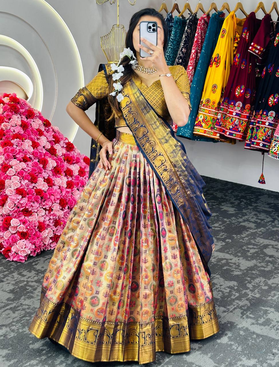 Multi Regal Banarasi Zari Silk Semi-Stitched Lehenga Choli Set with Dupatta