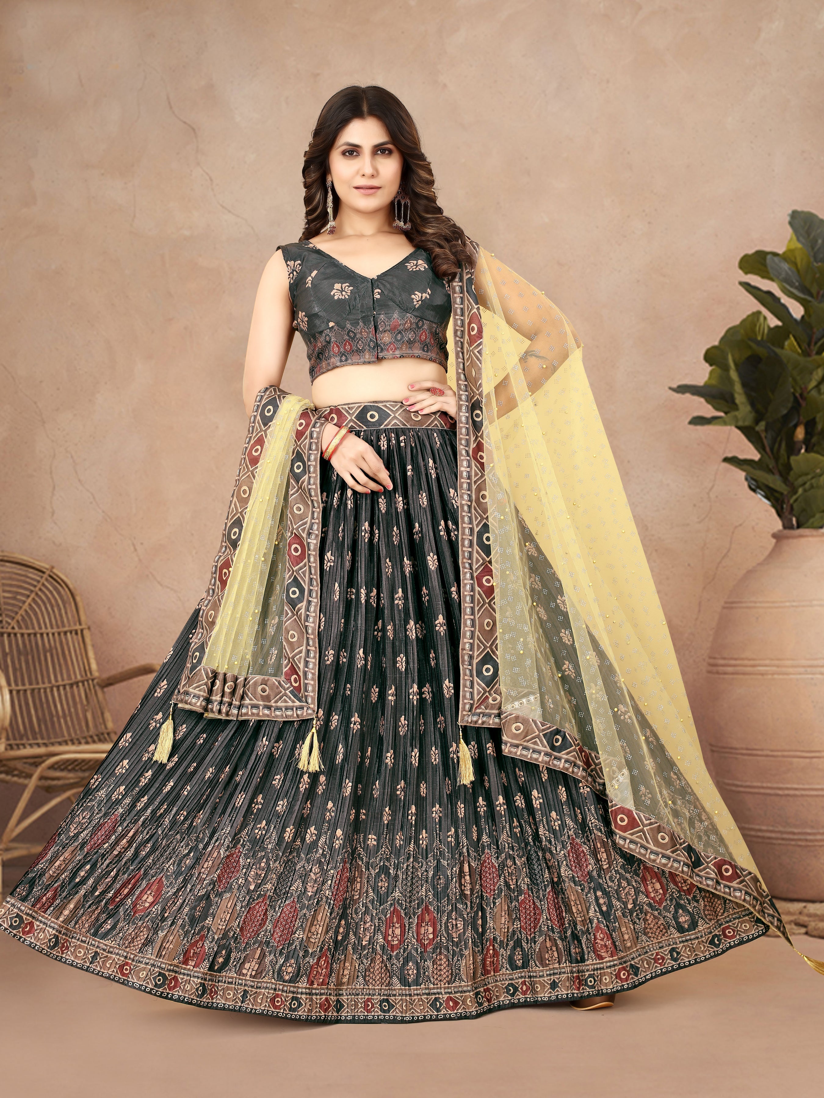 Multicolor Ajrakh Lehenga Choli with Heavy Digital Print & Crush Work