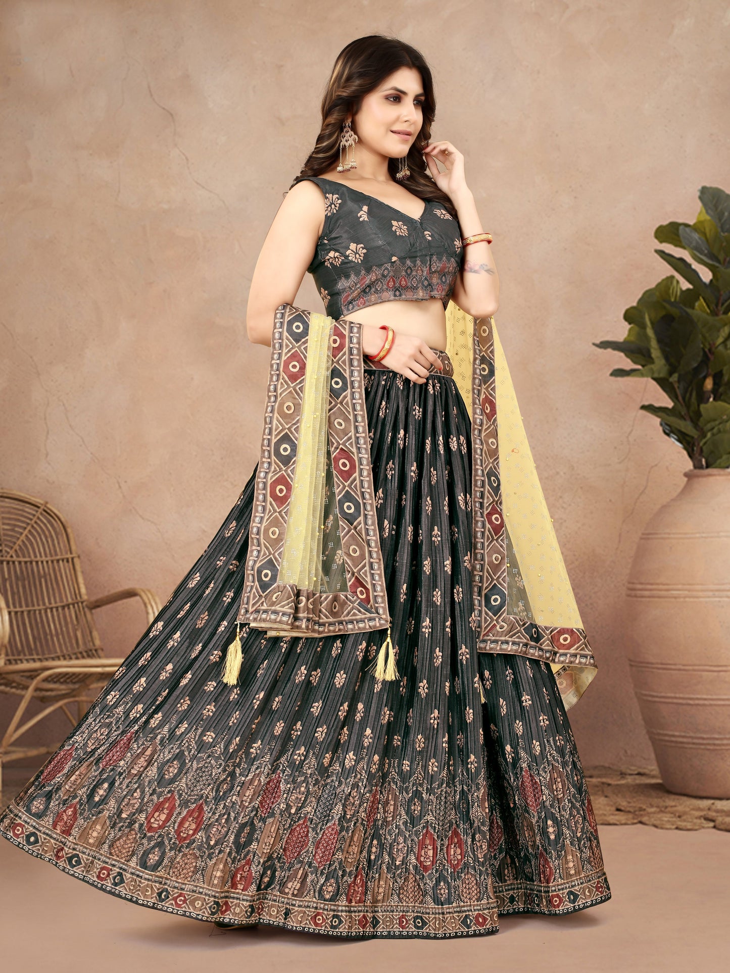 Multicolor Ajrakh Lehenga Choli with Heavy Digital Print & Crush Work