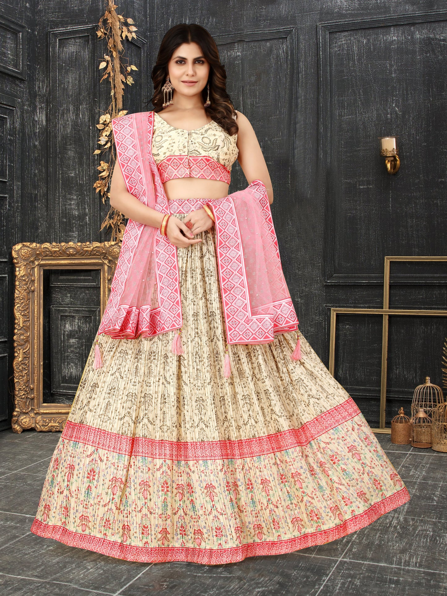 Multicolor Ajrakh Lehenga Choli with Digital Print & Crush Work