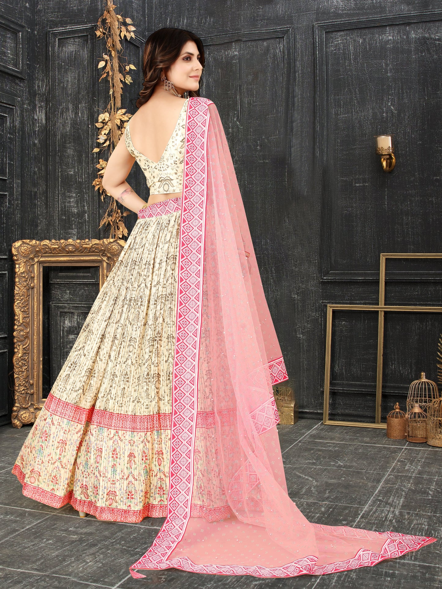 Multicolor Ajrakh Lehenga Choli with Digital Print & Crush Work