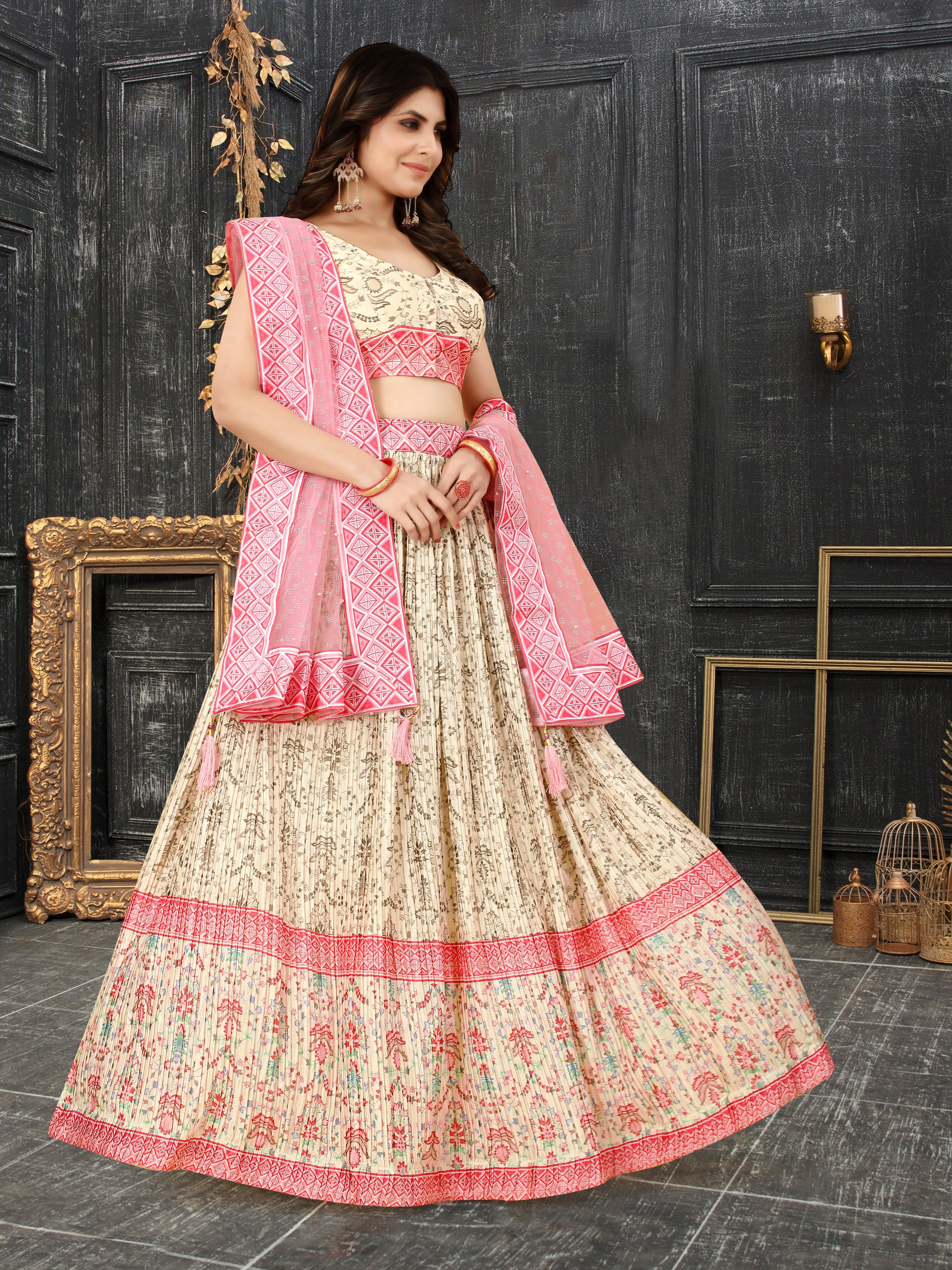 Multicolor Ajrakh Lehenga Choli with Digital Print & Crush Work