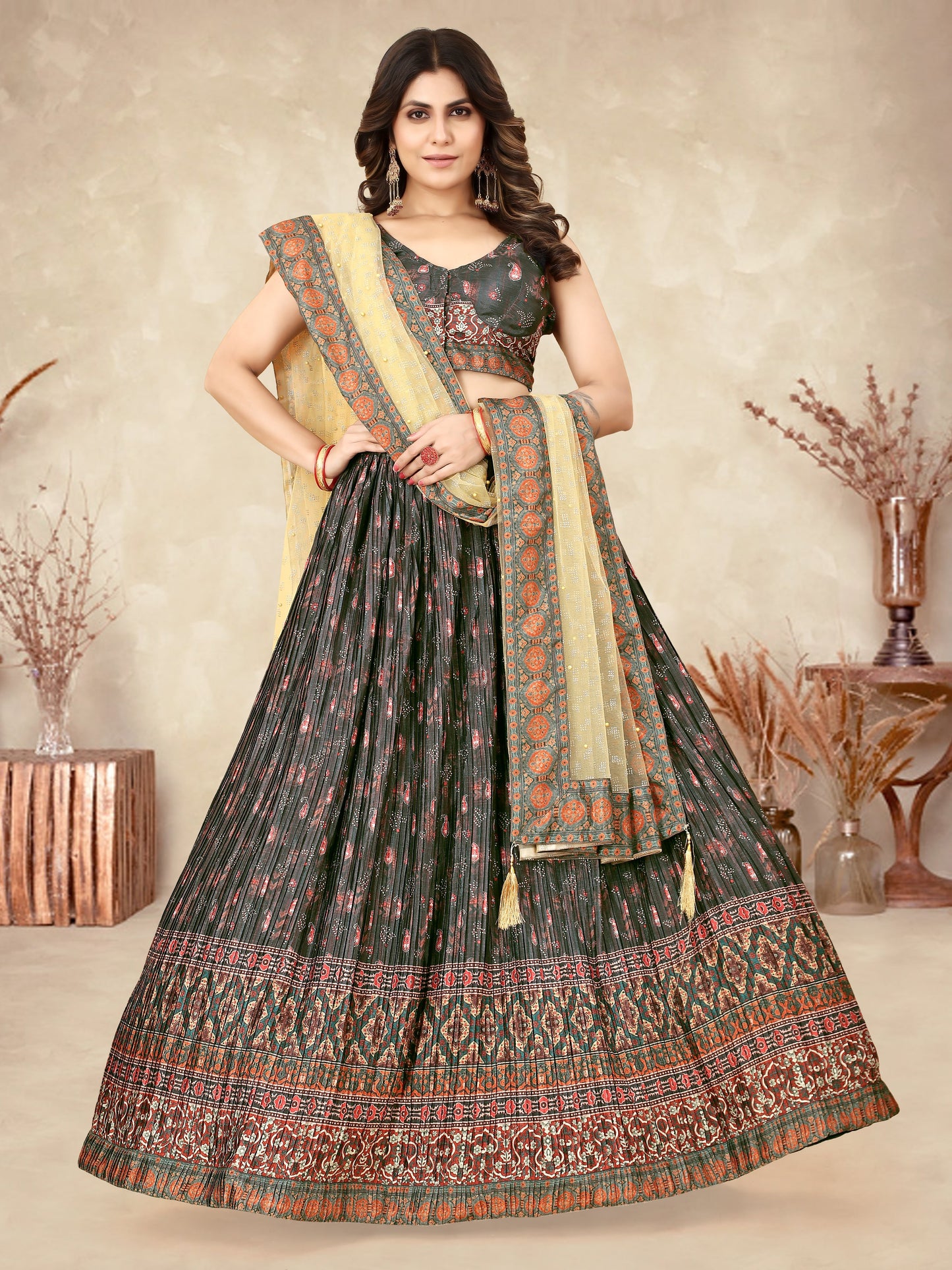 Multicolor Ajrakh Lehenga Choli with Heavy Digital Print & Crush Work