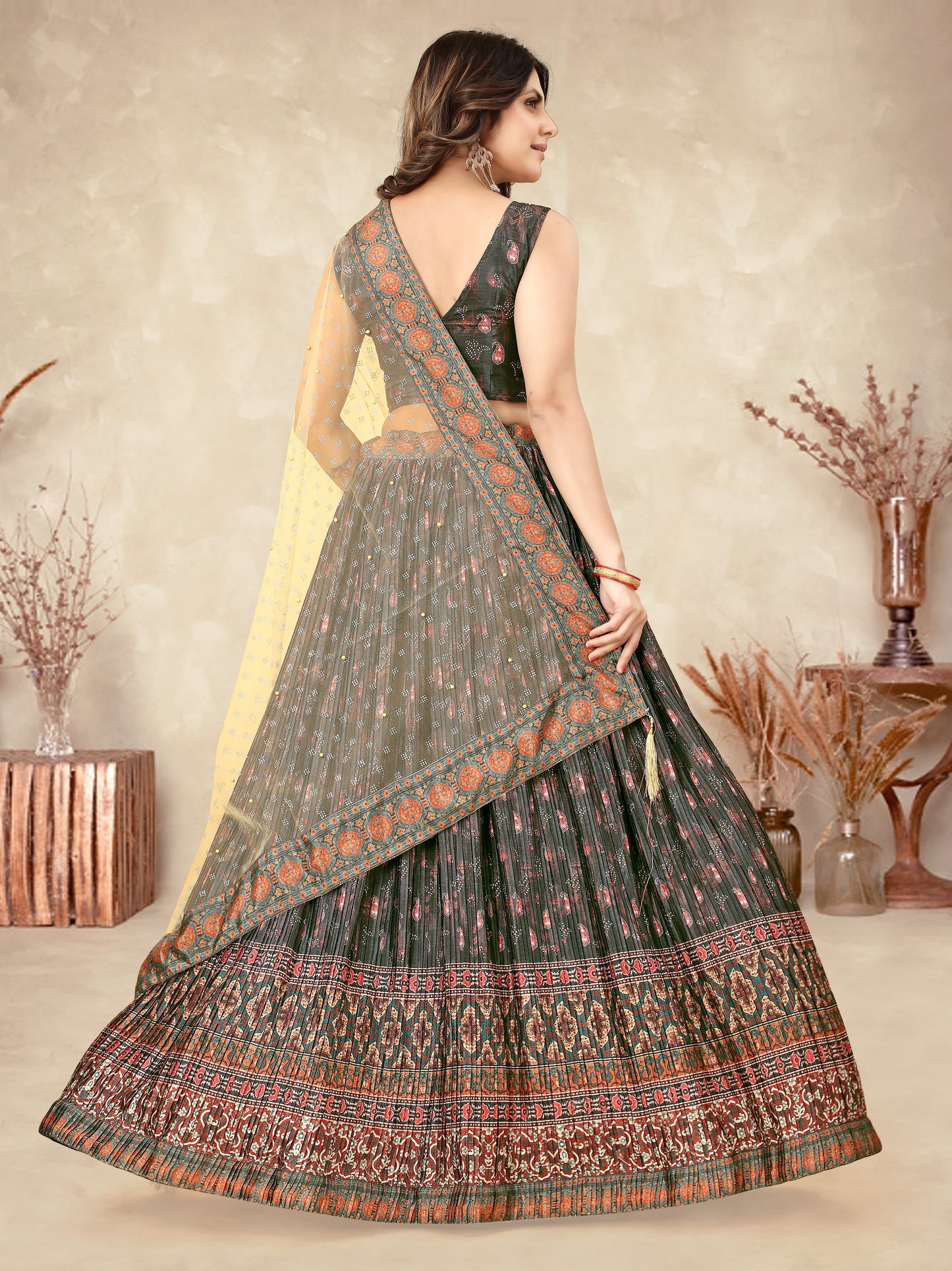 Multicolor Ajrakh Lehenga Choli with Heavy Digital Print & Crush Work