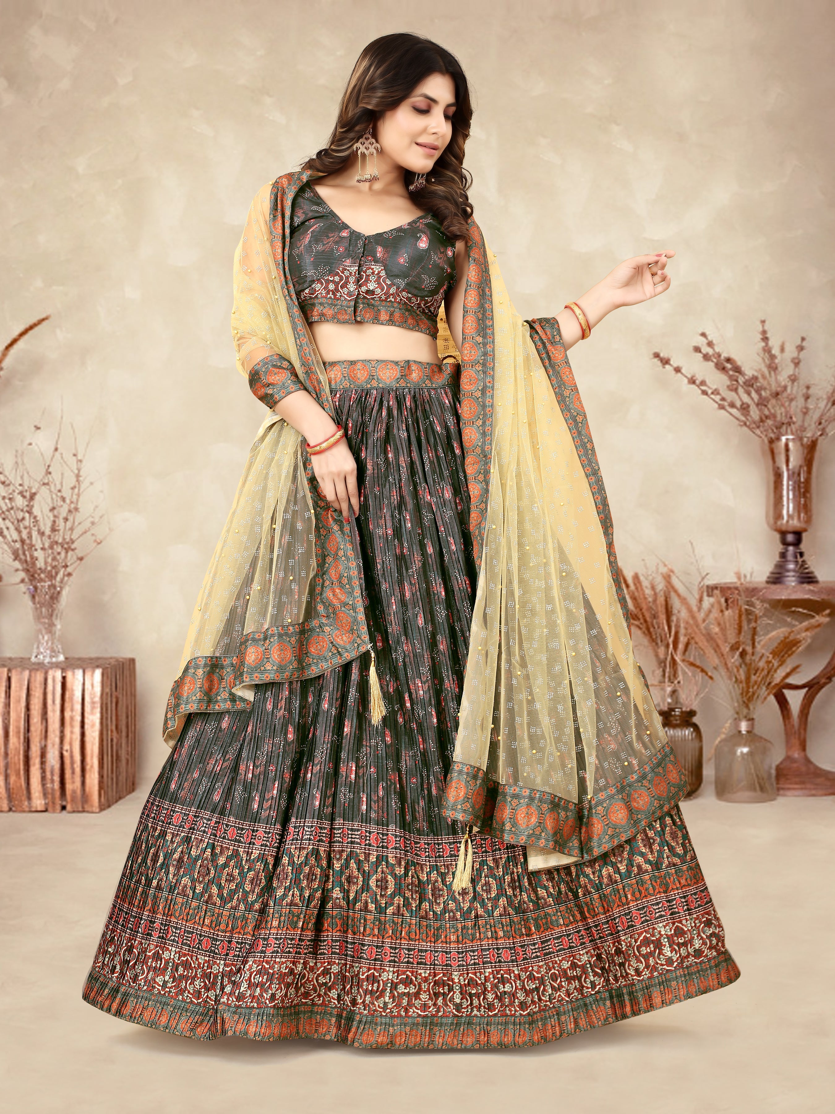 Multicolor Ajrakh Lehenga Choli with Heavy Digital Print & Crush Work