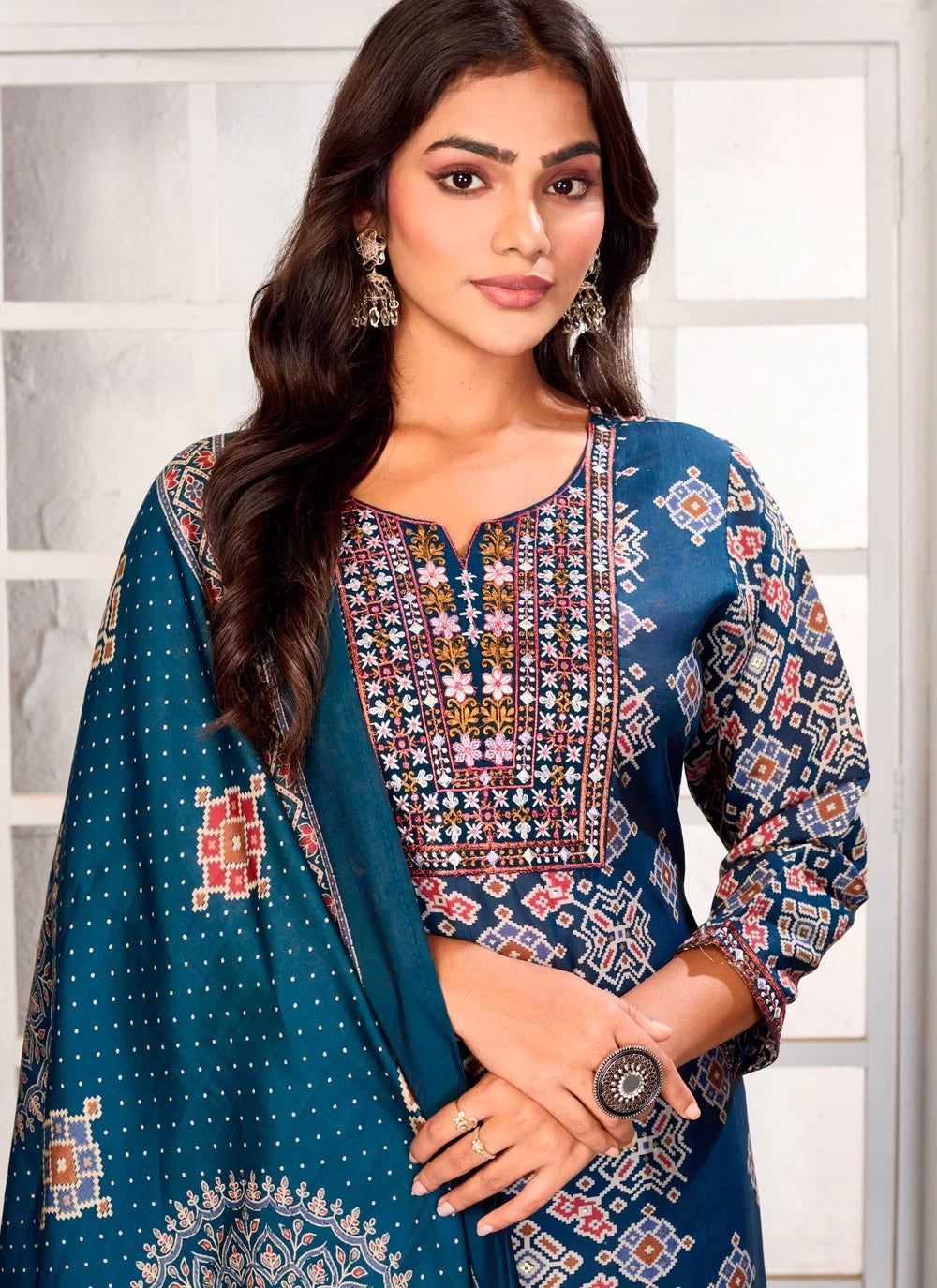 Trendy multicolor chanderi embroidered readymade designer suit set