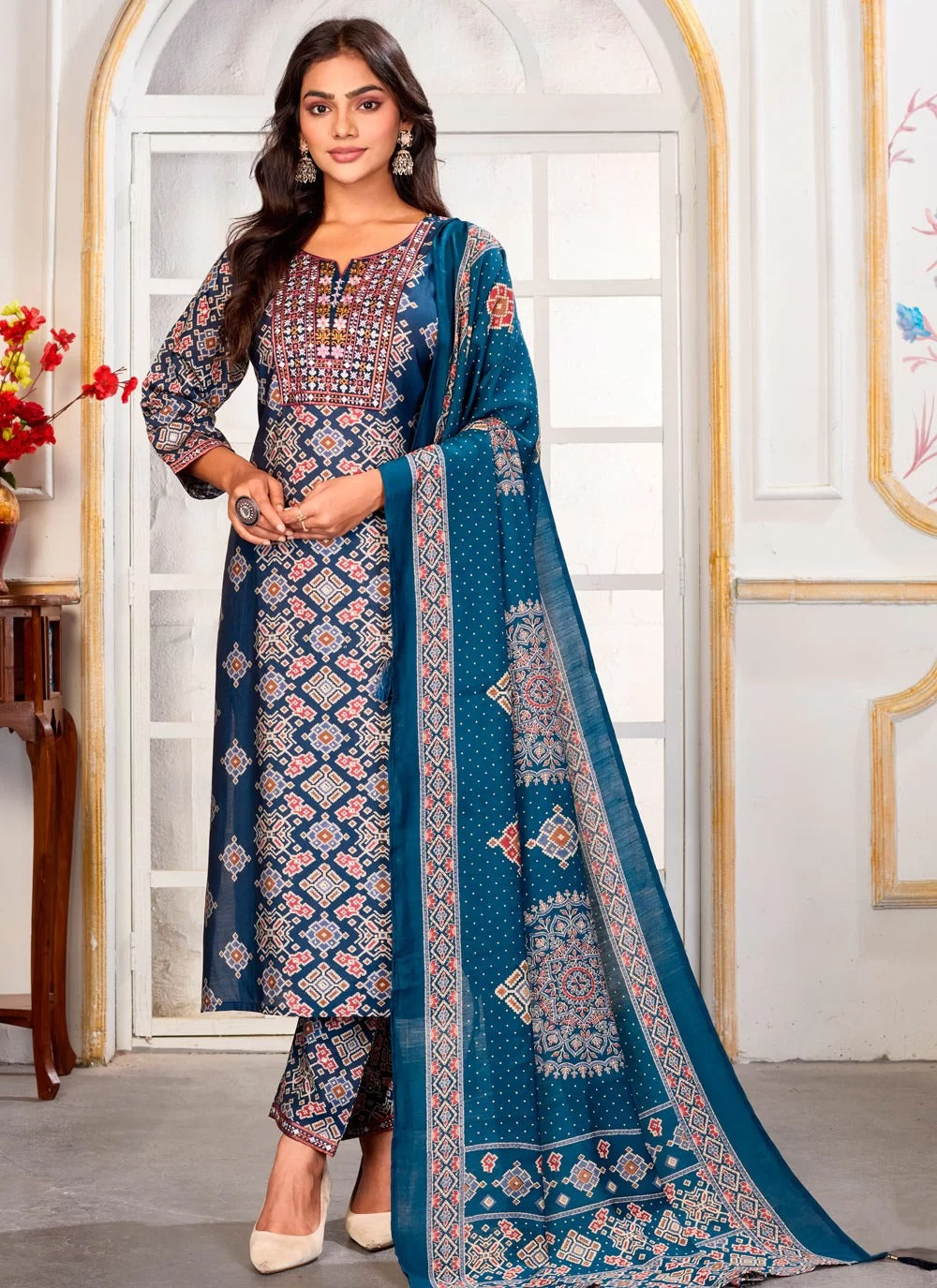 Trendy multicolor chanderi embroidered readymade designer suit set