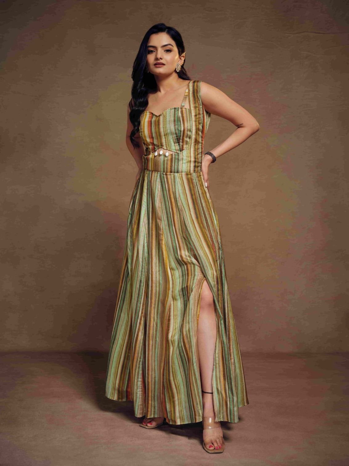 Multicolor Chinon Printed Co-Ord Set with Artificial Tassels Blouse and Dungarees
