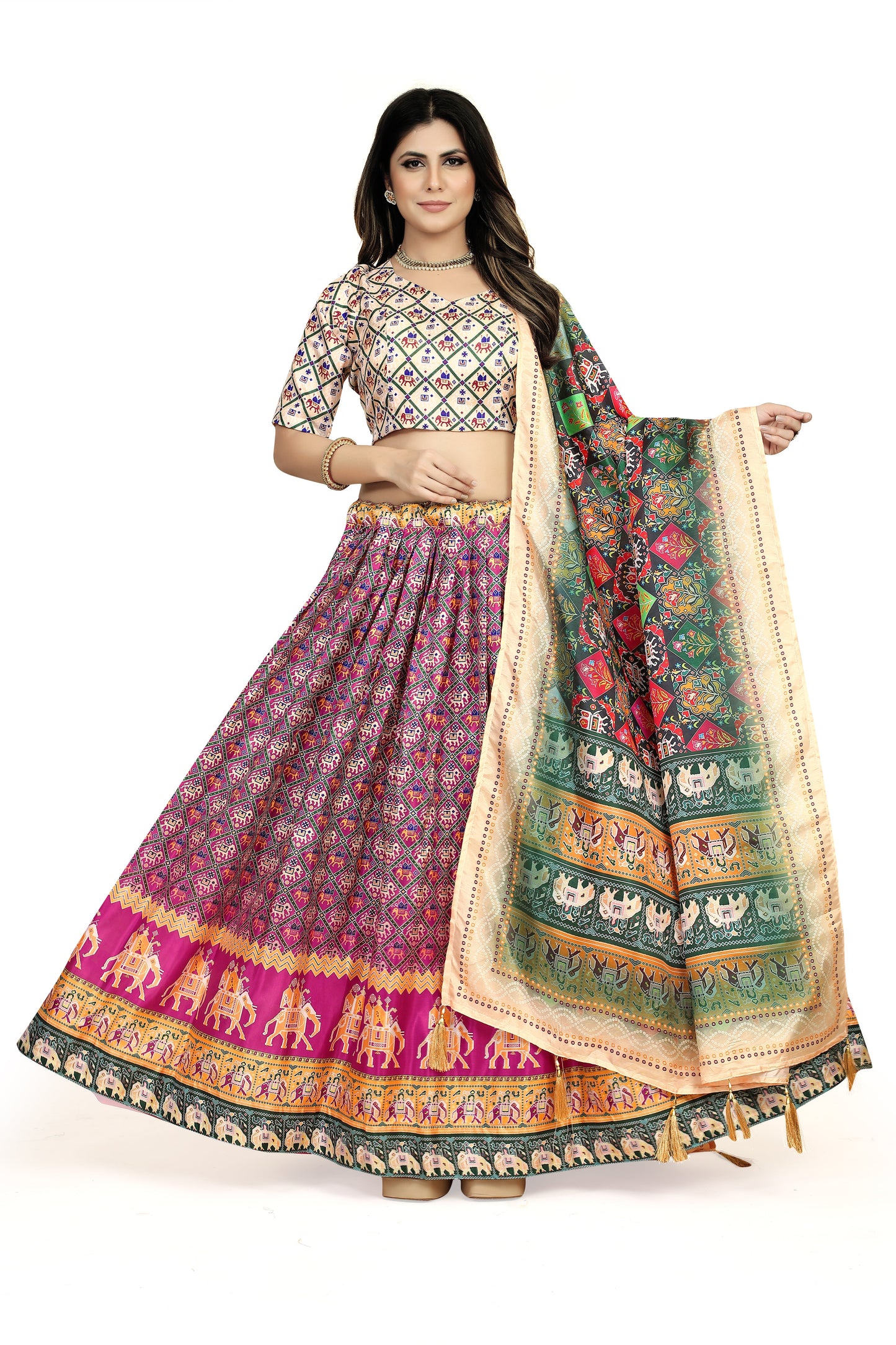 Multi Color Dola Silk Lehenga Choli Set with Digital Print