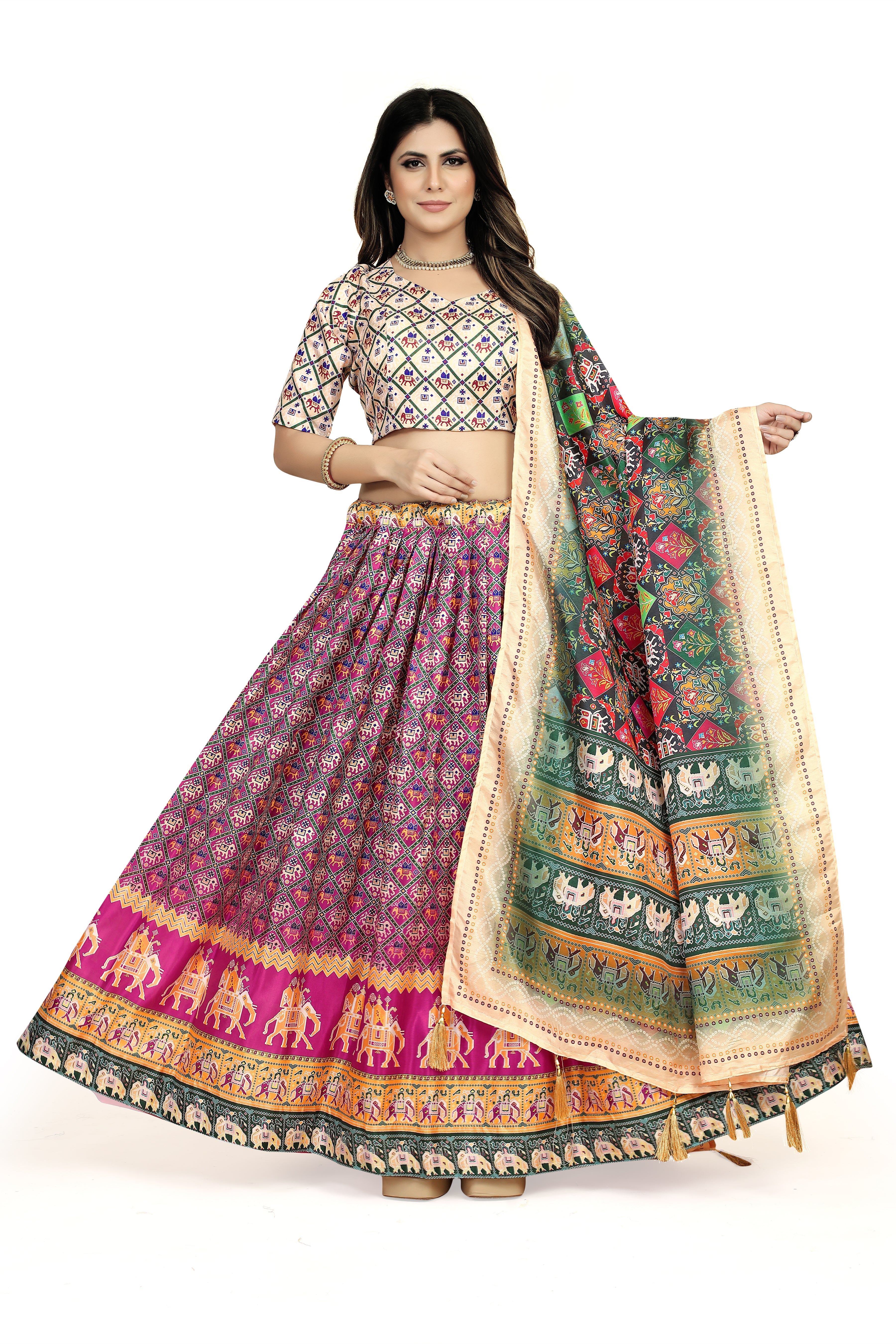 Multi Color Dola Silk Lehenga Choli Set with Digital Print