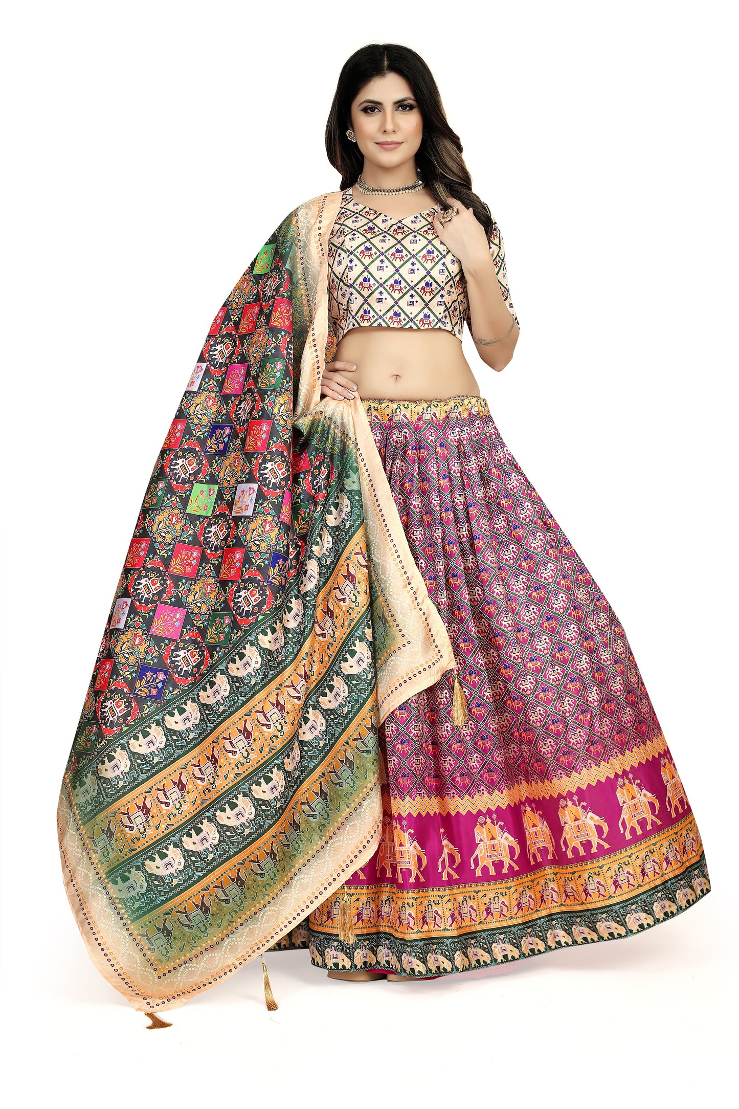 Multi Color Dola Silk Lehenga Choli Set with Digital Print