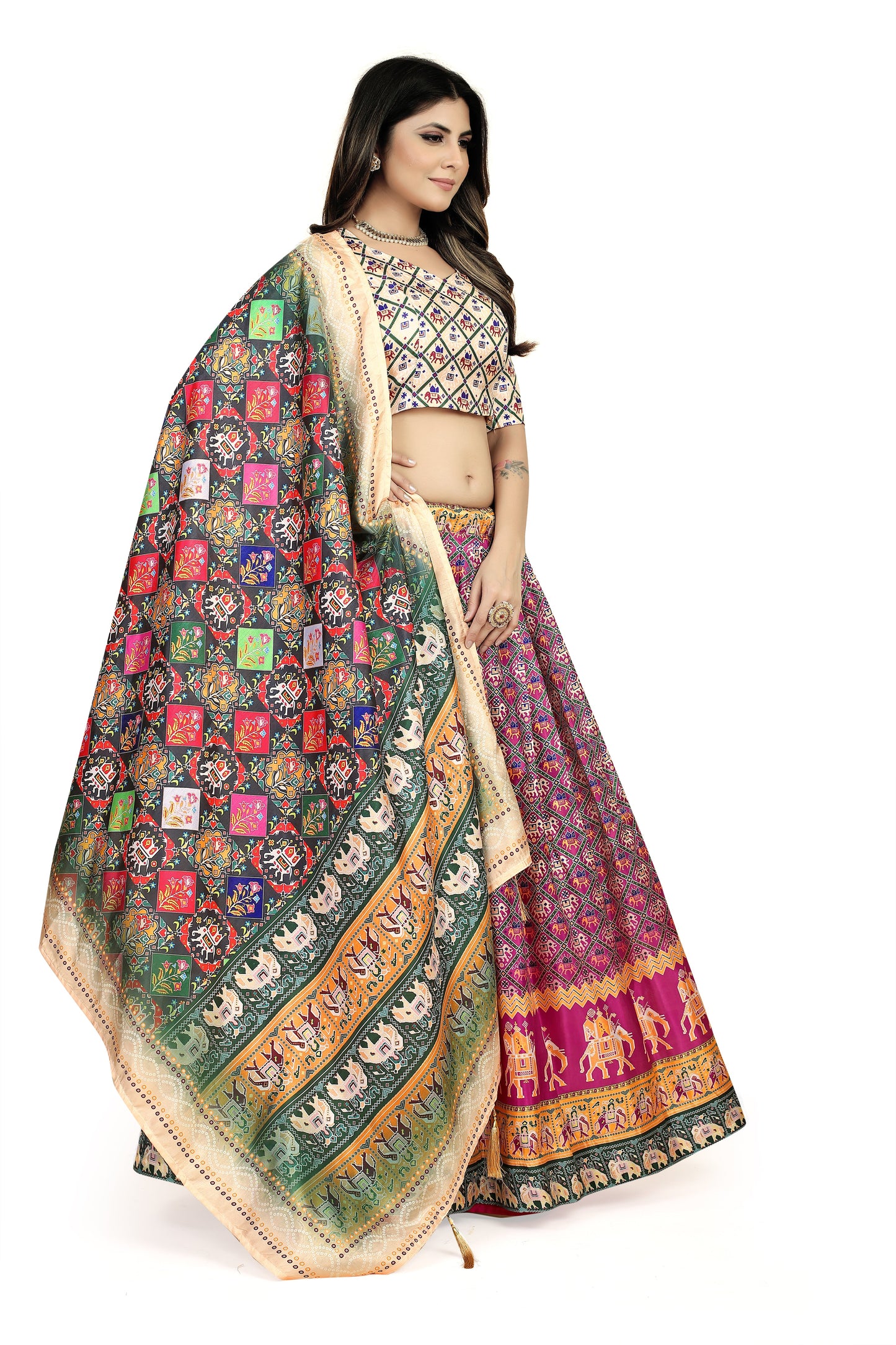 Multi Color Dola Silk Lehenga Choli Set with Digital Print