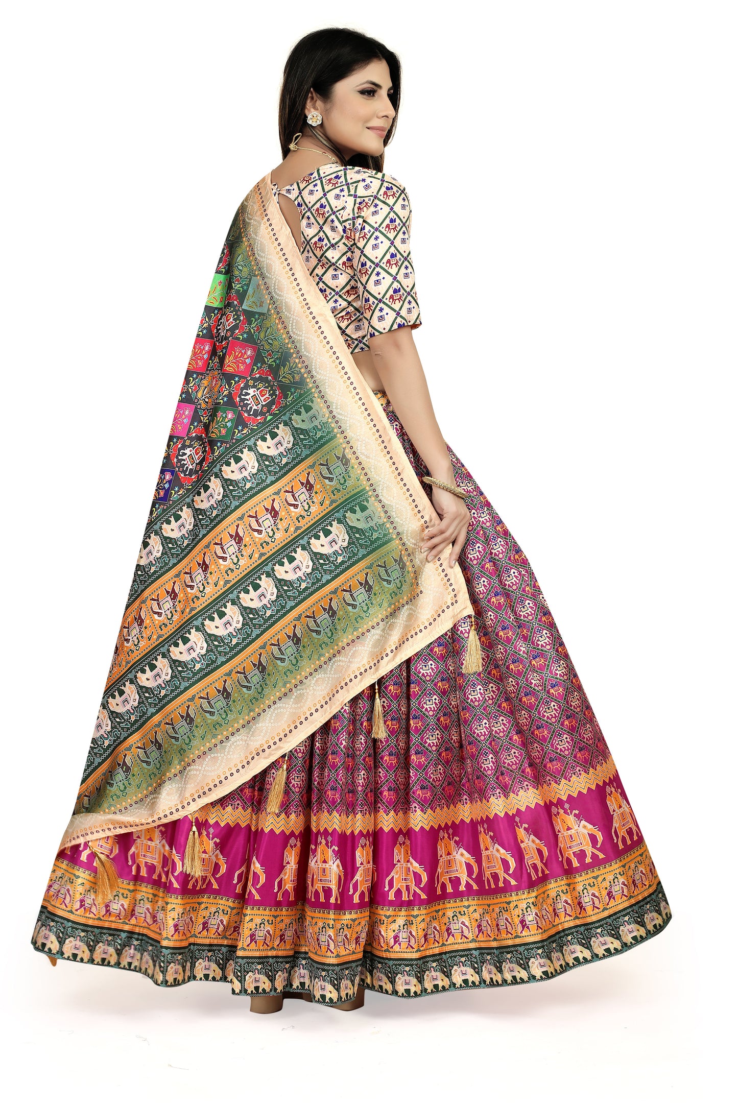 Multi Color Dola Silk Lehenga Choli Set with Digital Print