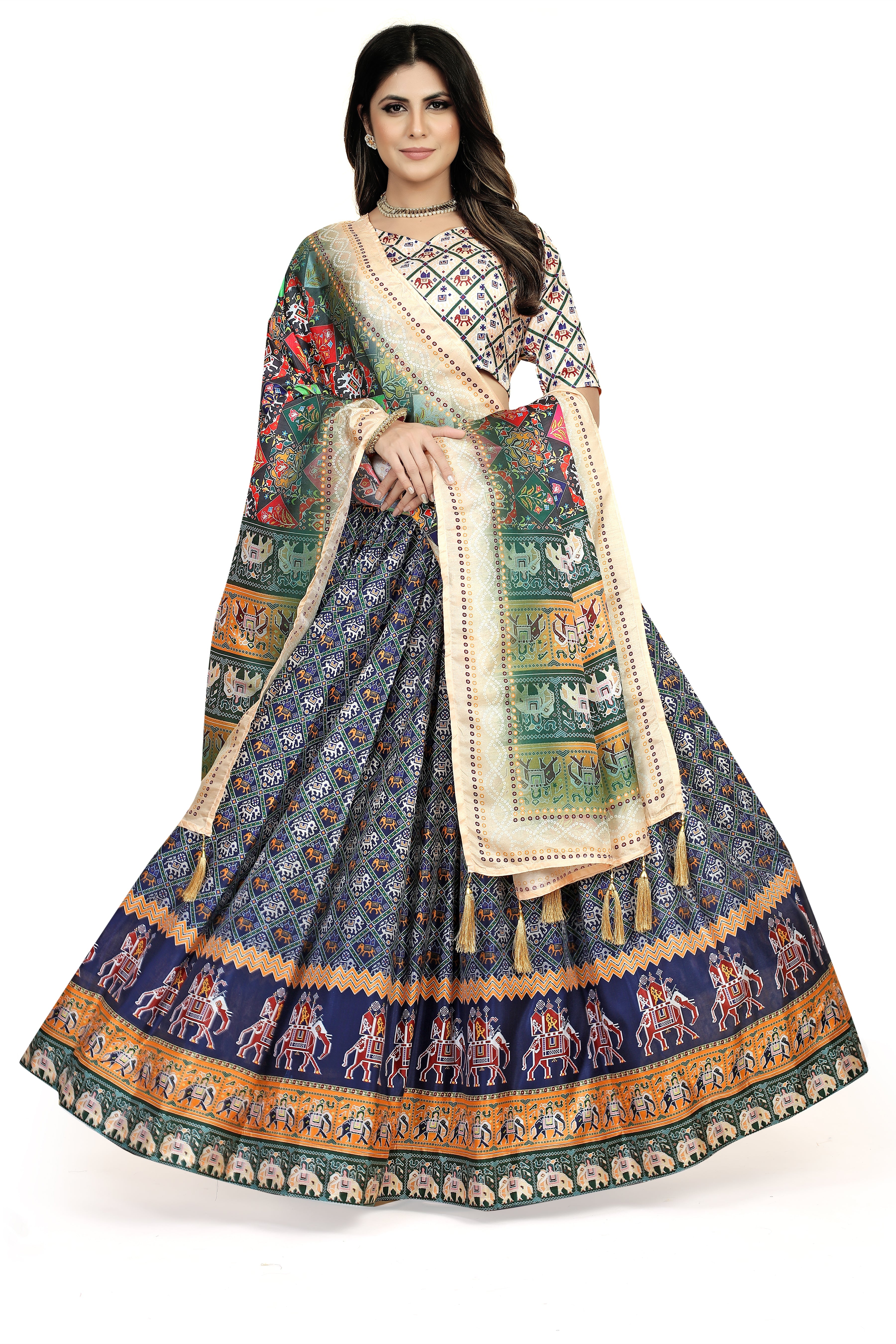 Multicolor Dola Silk Lehenga Choli with Digital Print