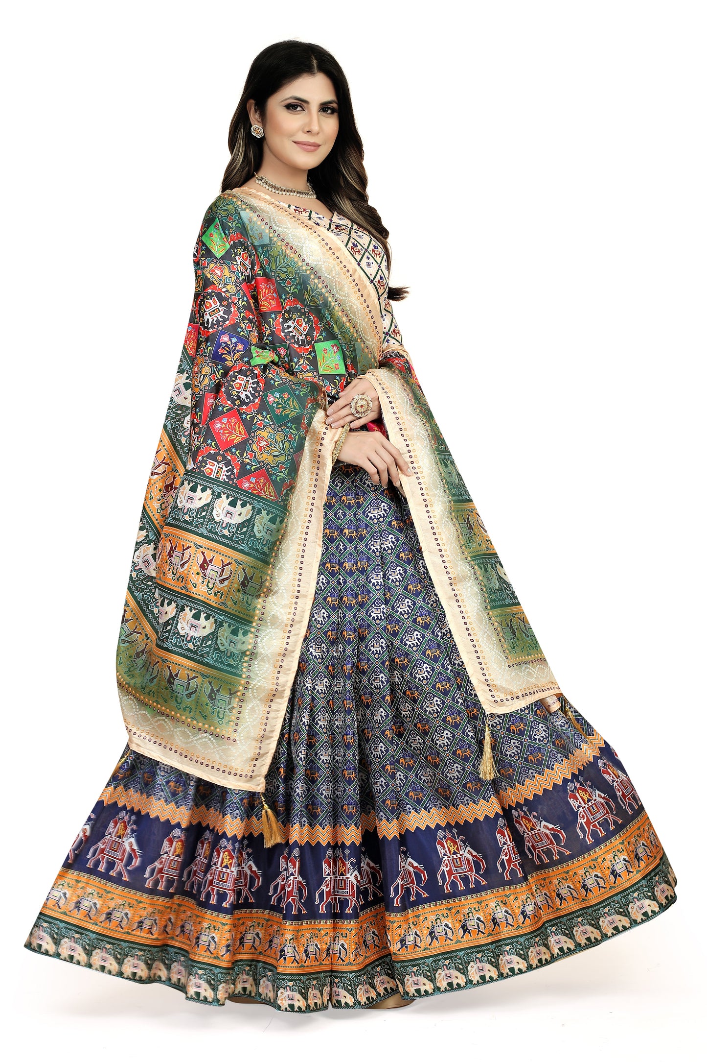 Multicolor Dola Silk Lehenga Choli with Digital Print