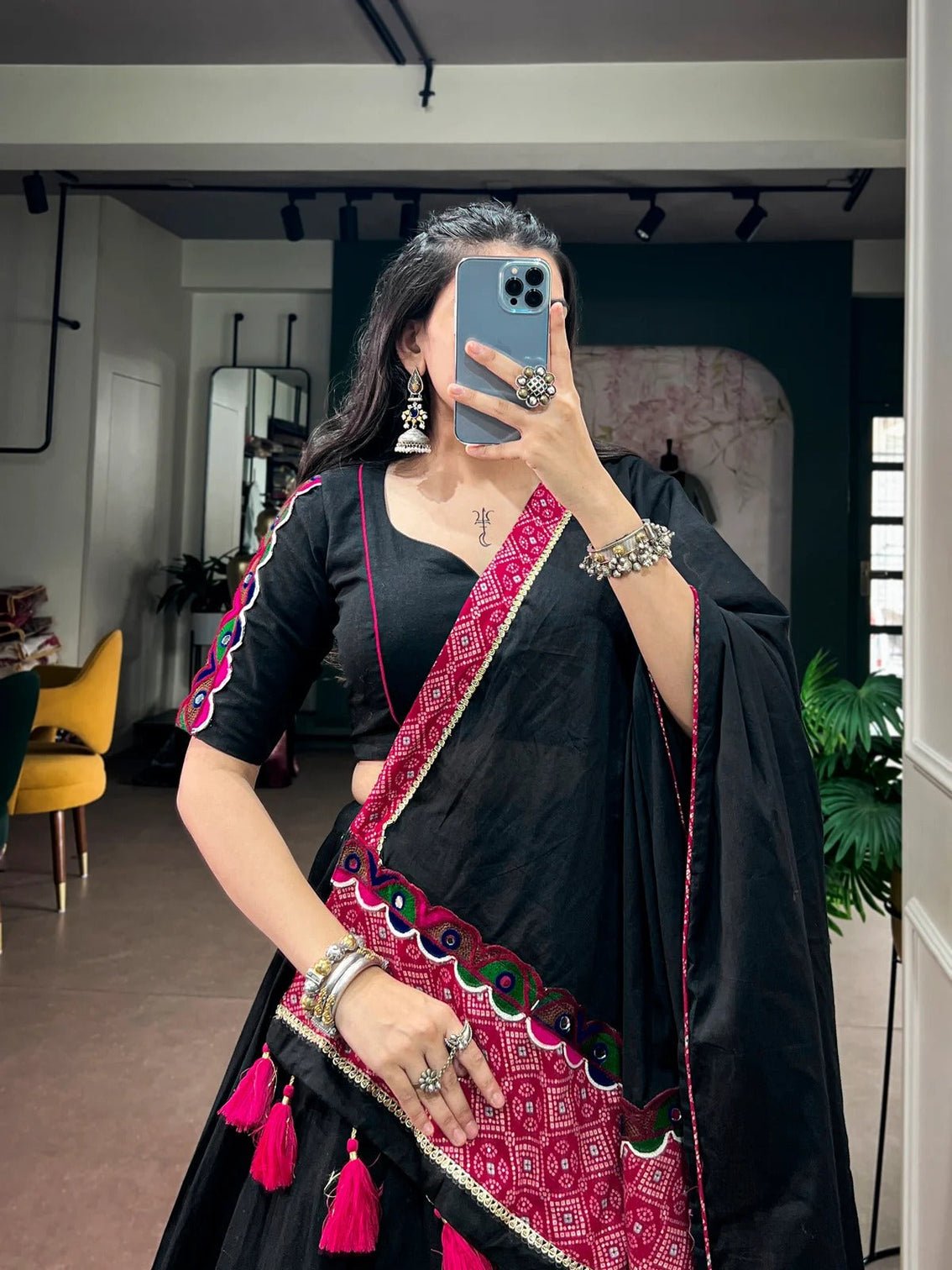 Black khadi cotton gamthi patchwork chaniya choli for navratri