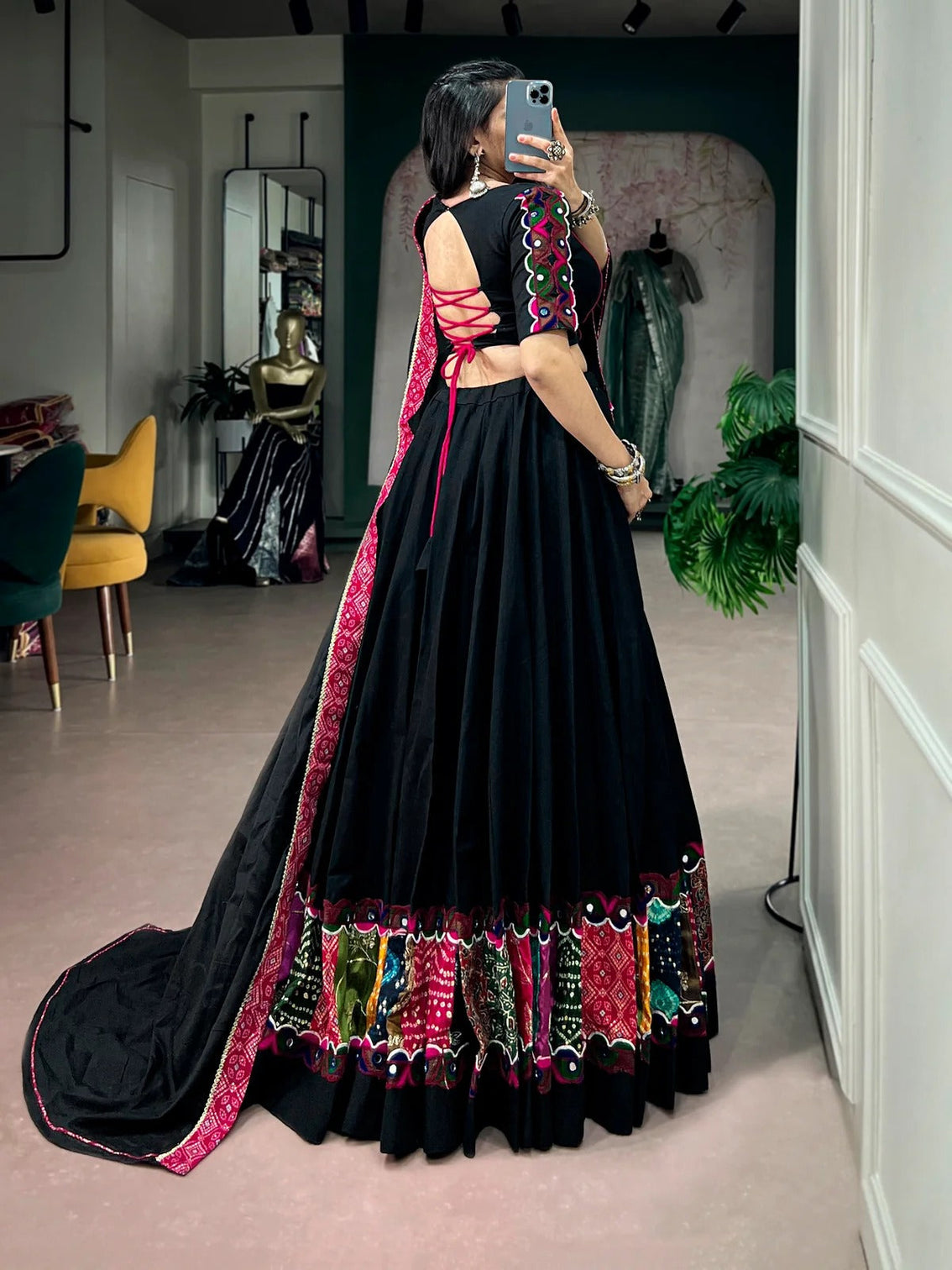Black khadi cotton gamthi patchwork chaniya choli for navratri