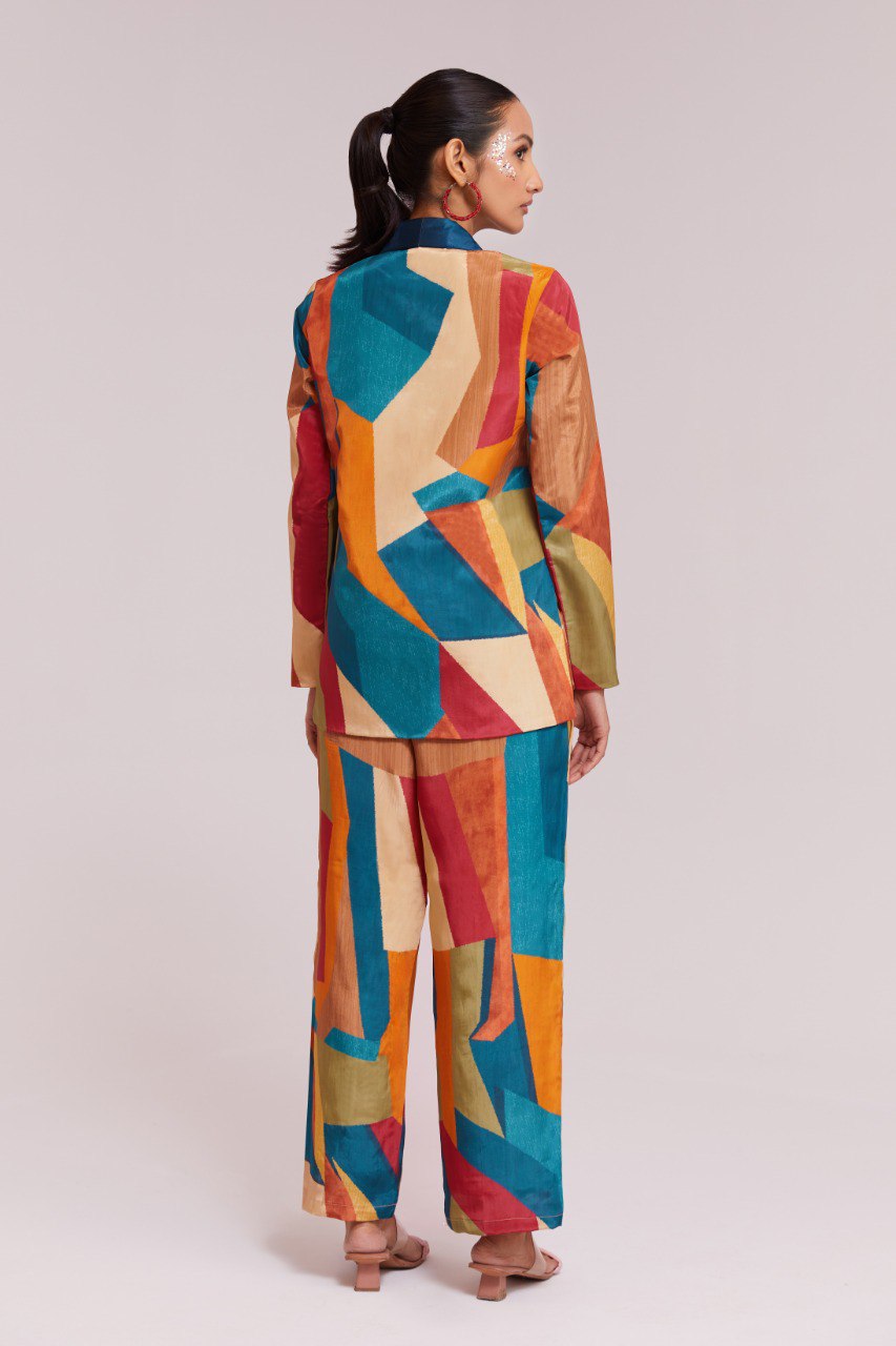 Multicolor Printed Crepe Blazer & Pant Set Ready To Wear Co-Ord