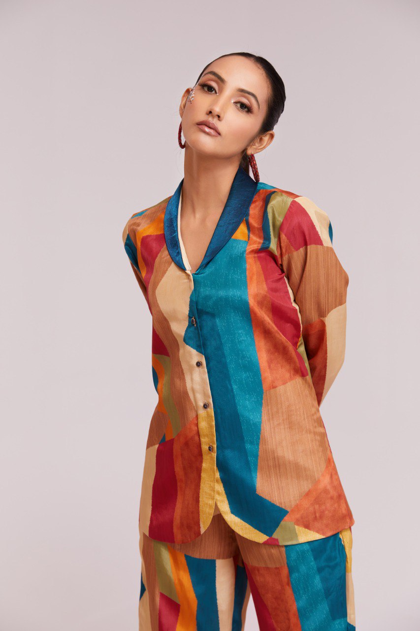 Multicolor Printed Crepe Blazer & Pant Set Ready To Wear Co-Ord