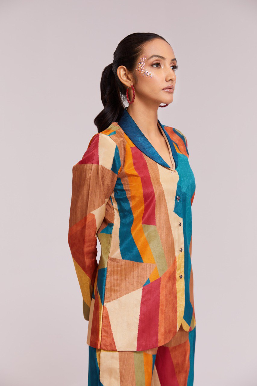 Multicolor Printed Crepe Blazer & Pant Set Ready To Wear Co-Ord