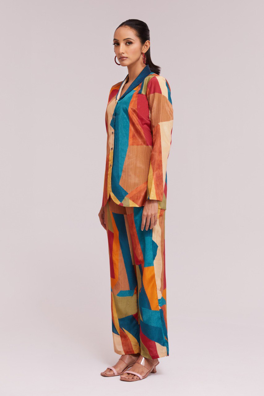 Multicolor Printed Crepe Blazer & Pant Set Ready To Wear Co-Ord