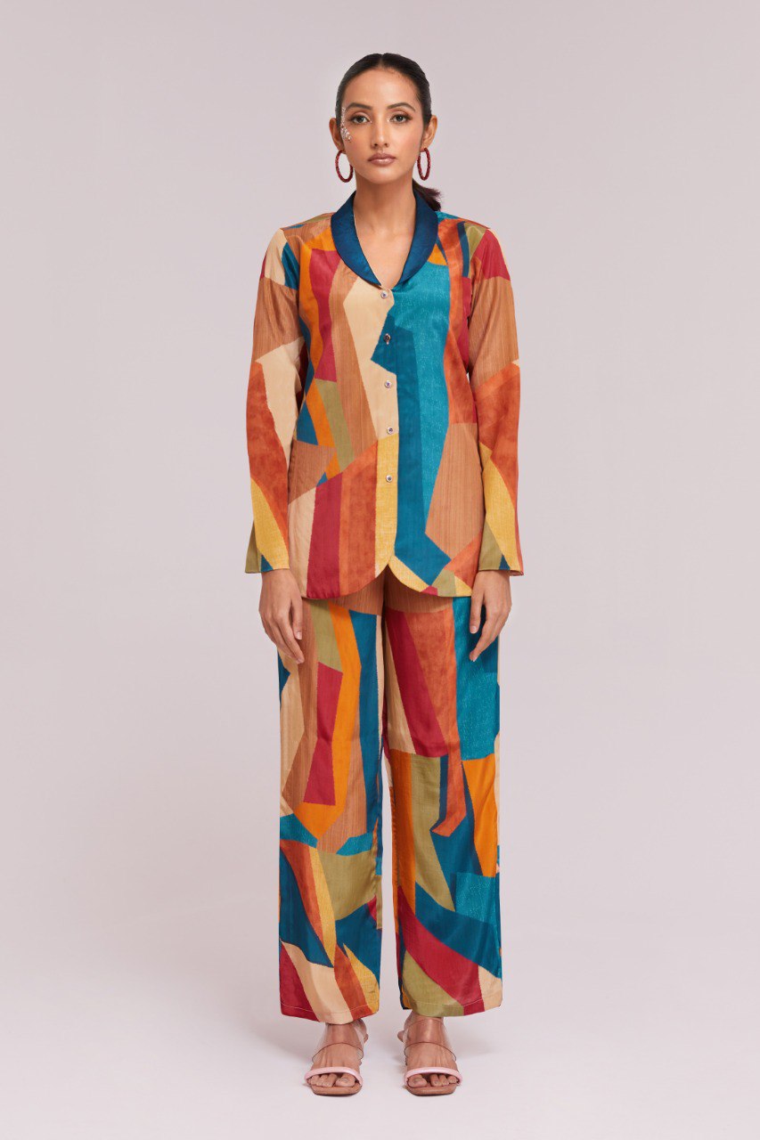 Multicolor Printed Crepe Blazer & Pant Set Ready To Wear Co-Ord