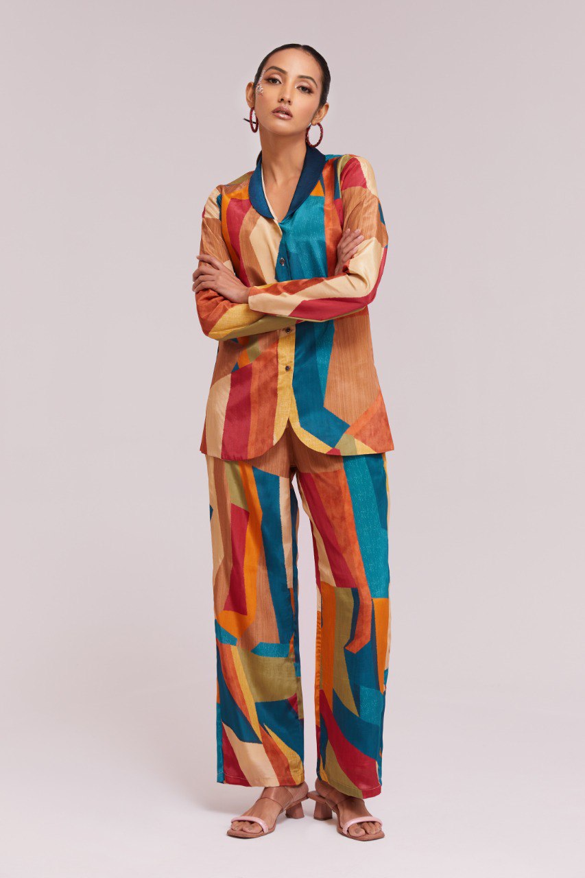 Multicolor Printed Crepe Blazer & Pant Set Ready To Wear Co-Ord