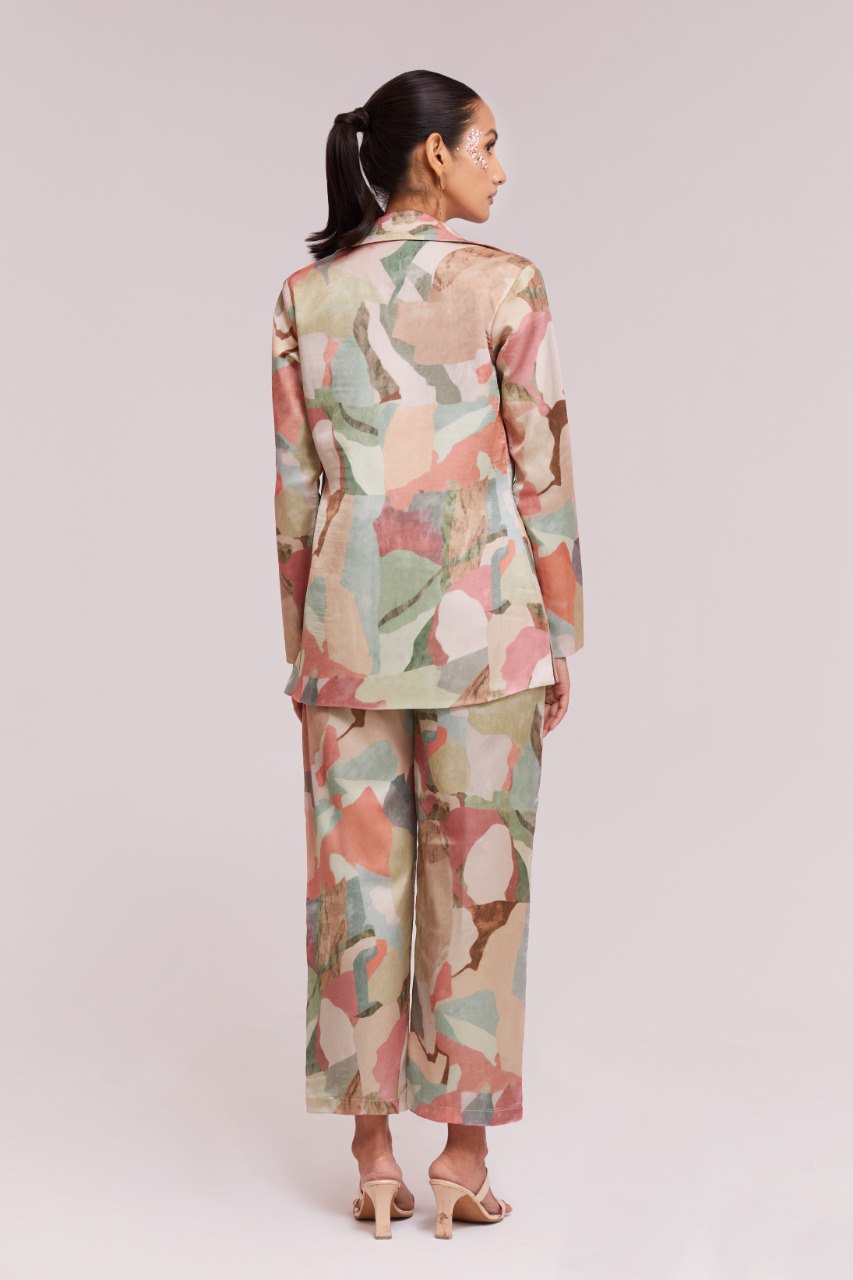 Multicolor Printed Modal Satin Co-Ord Set  Blazer, Blouse & Pant Ready To Wear