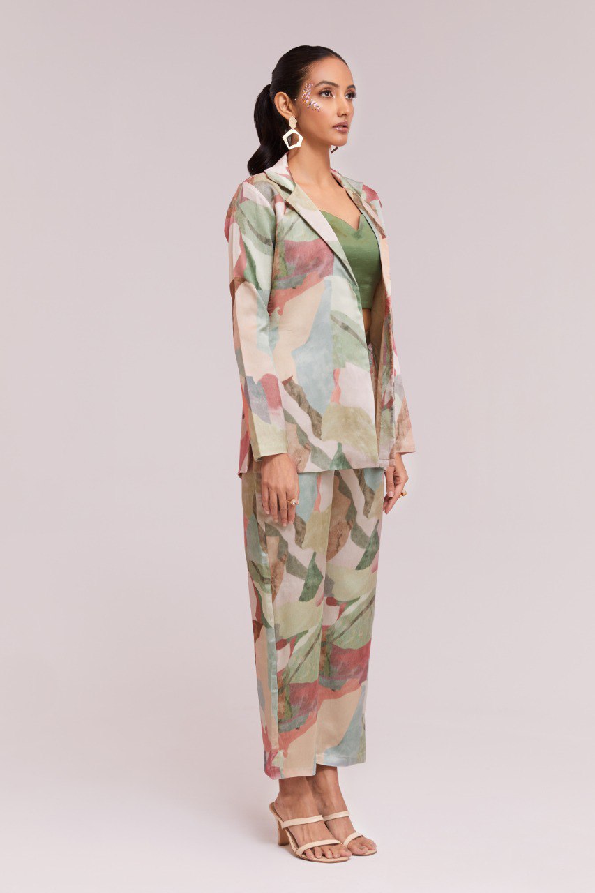 Multicolor Printed Modal Satin Co-Ord Set  Blazer, Blouse & Pant Ready To Wear