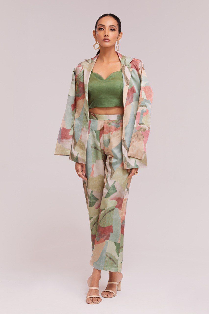 Multicolor Printed Modal Satin Co-Ord Set  Blazer, Blouse & Pant Ready To Wear