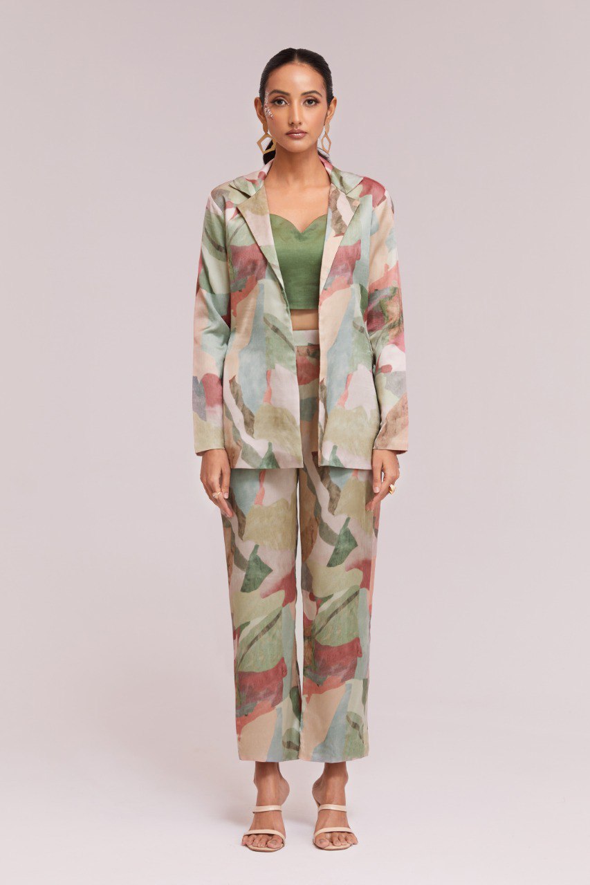 Multicolor Printed Modal Satin Co-Ord Set  Blazer, Blouse & Pant Ready To Wear