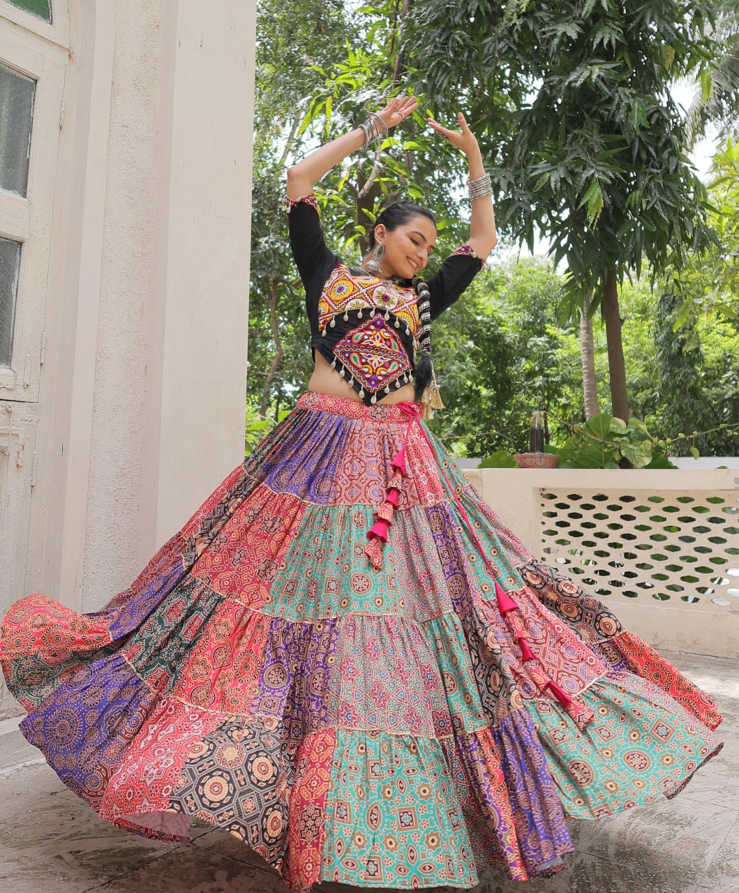 Multicolour Navratri Special Lehenga Choli Set with Gotta & Gamthi Work