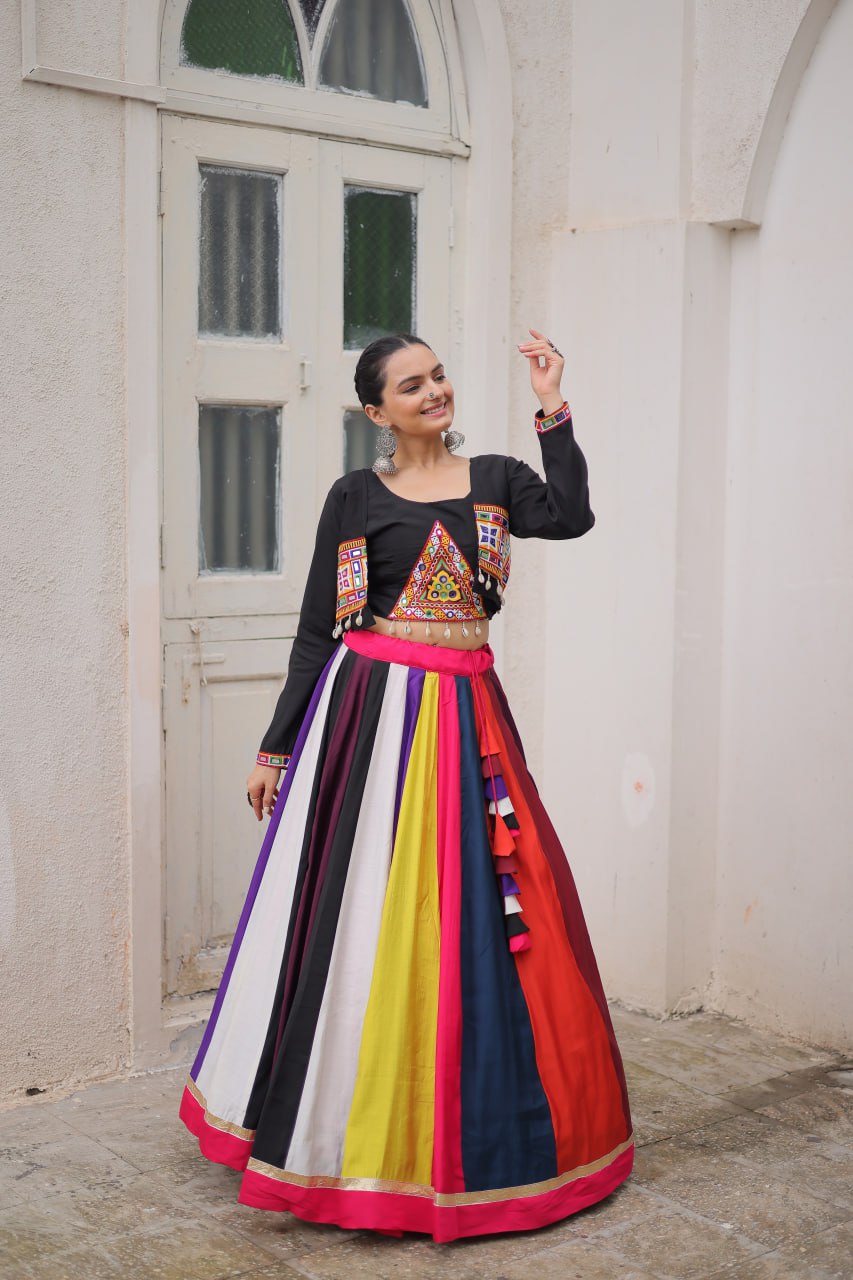 Multicolour Roman Fabric Lehenga Set with Gamthi Embroidery, Mirror & Lace Work – Koti Style Blouse