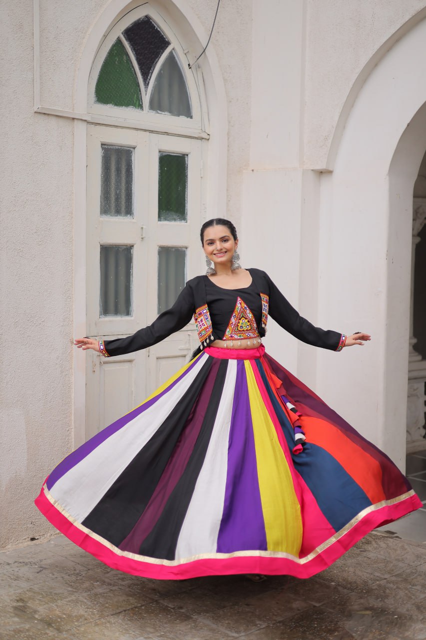 Multicolour Roman Fabric Lehenga Set with Gamthi Embroidery, Mirror & Lace Work – Koti Style Blouse