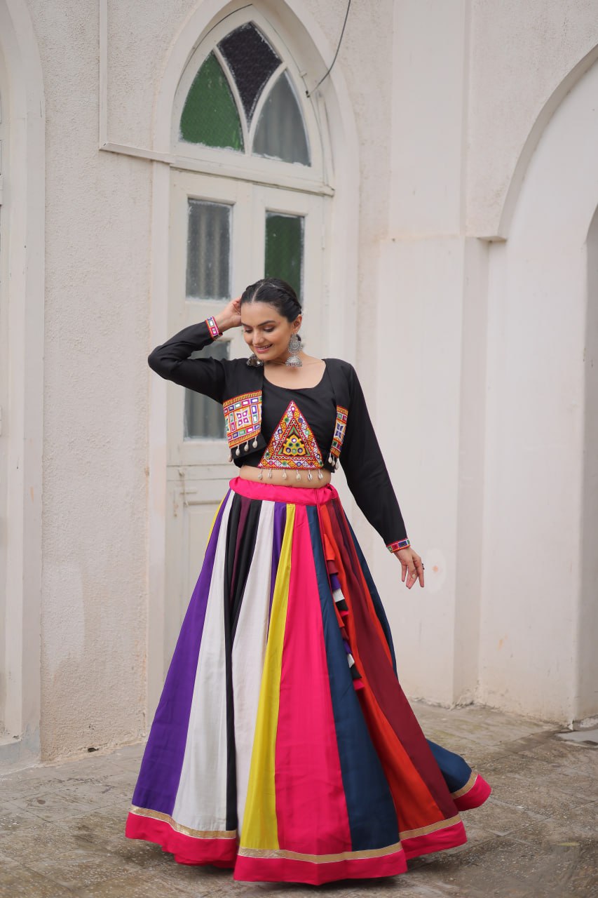 Multicolour Roman Fabric Lehenga Set with Gamthi Embroidery, Mirror & Lace Work – Koti Style Blouse