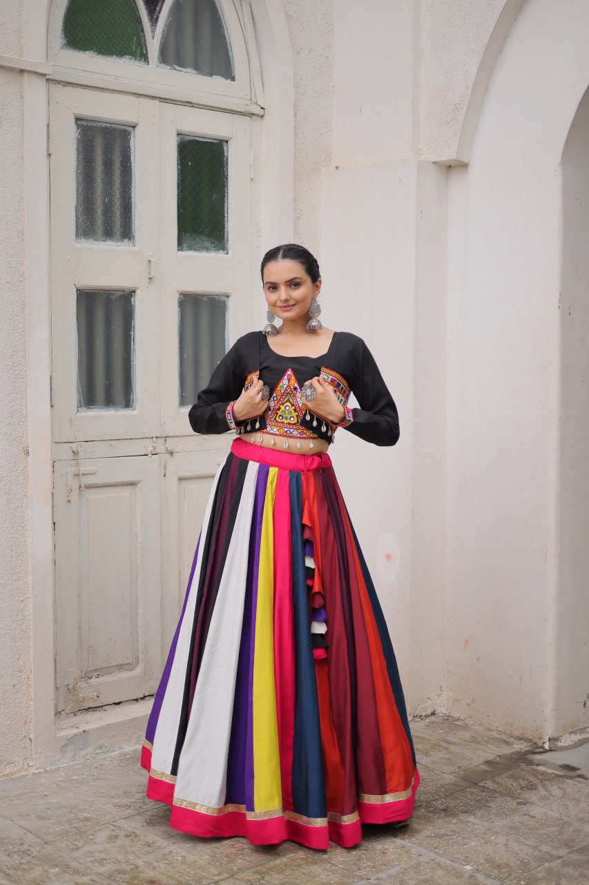 Multicolour Roman Fabric Lehenga Set with Gamthi Embroidery, Mirror & Lace Work – Koti Style Blouse