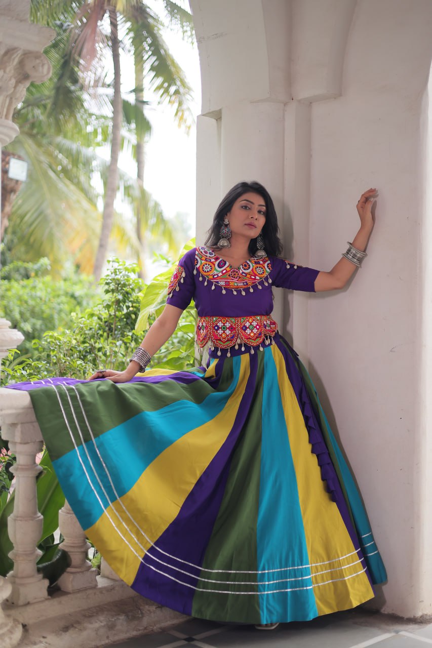 Multicolour Roman Fabric Lehenga with Gota Lace Work & Gamthi Embroidered Mirror Work Blouse