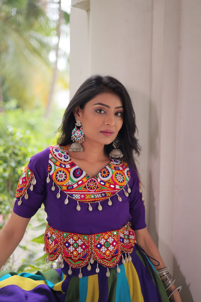 Multicolour Roman Fabric Lehenga with Gota Lace Work & Gamthi Embroidered Mirror Work Blouse