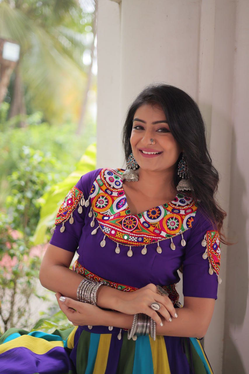 Multicolour Roman Fabric Lehenga with Gota Lace Work & Gamthi Embroidered Mirror Work Blouse