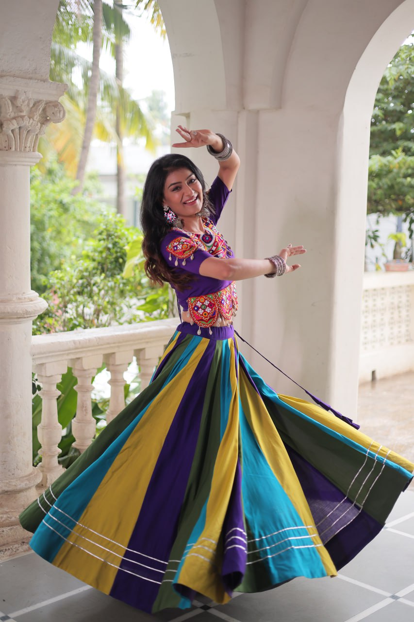 Multicolour Roman Fabric Lehenga with Gota Lace Work & Gamthi Embroidered Mirror Work Blouse