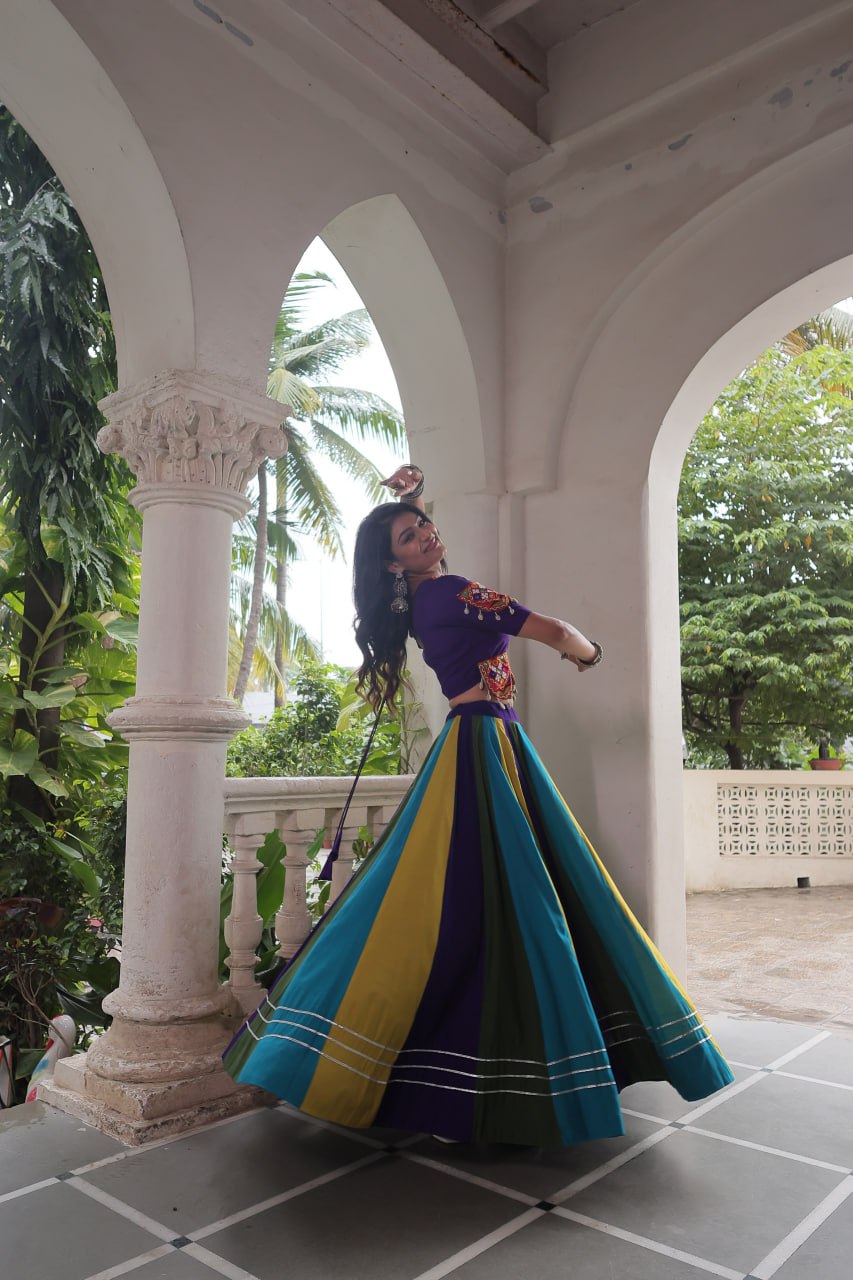 Multicolour Roman Fabric Lehenga with Gota Lace Work & Gamthi Embroidered Mirror Work Blouse