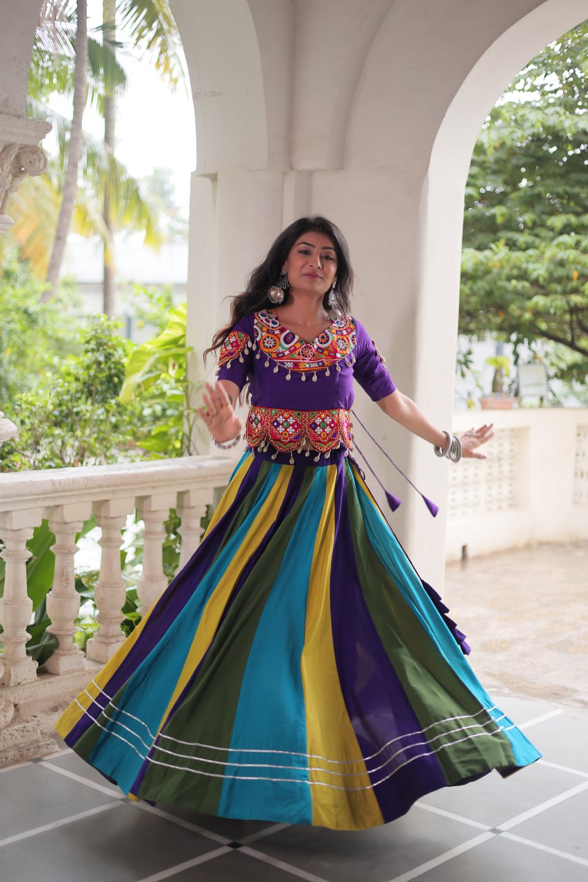 Multicolour Roman Fabric Lehenga with Gota Lace Work & Gamthi Embroidered Mirror Work Blouse