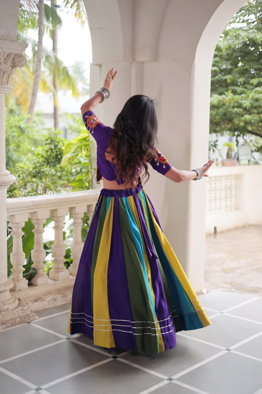 Multicolour Roman Fabric Lehenga with Gota Lace Work & Gamthi Embroidered Mirror Work Blouse
