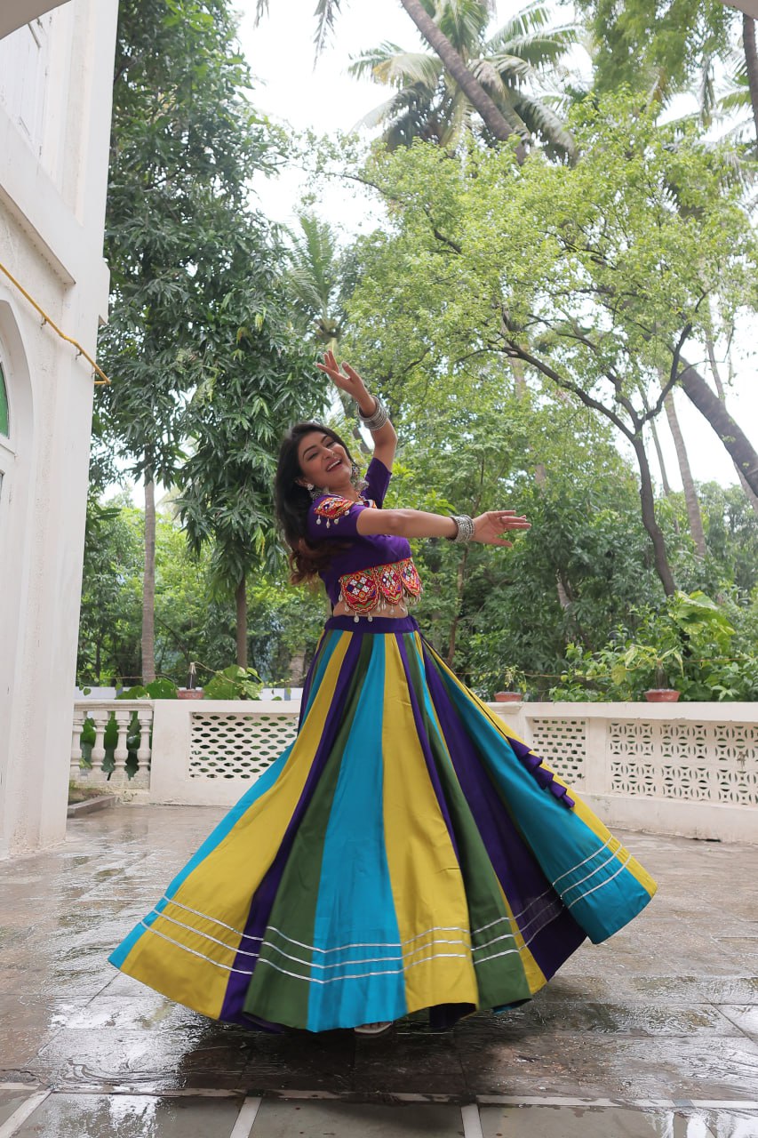 Multicolour Roman Fabric Lehenga with Gota Lace Work & Gamthi Embroidered Mirror Work Blouse