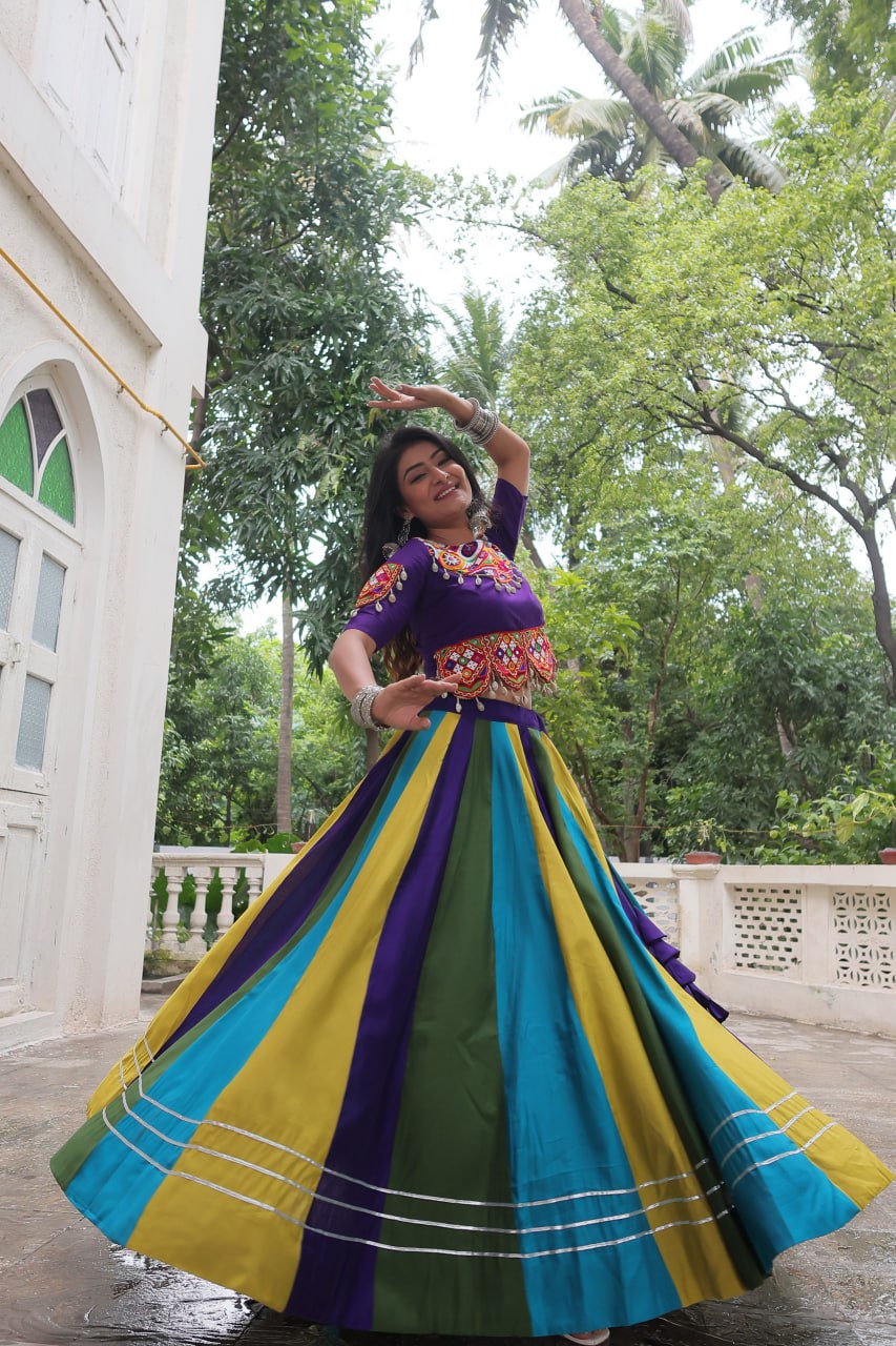 Multicolour Roman Fabric Lehenga with Gota Lace Work & Gamthi Embroidered Mirror Work Blouse