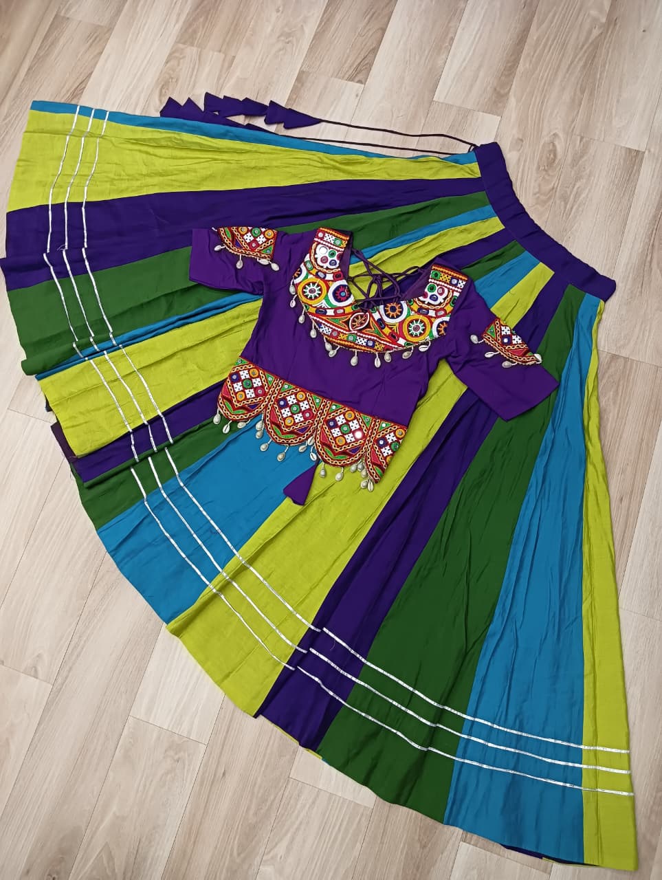 Multicolour Roman Fabric Lehenga with Gota Lace Work & Gamthi Embroidered Mirror Work Blouse